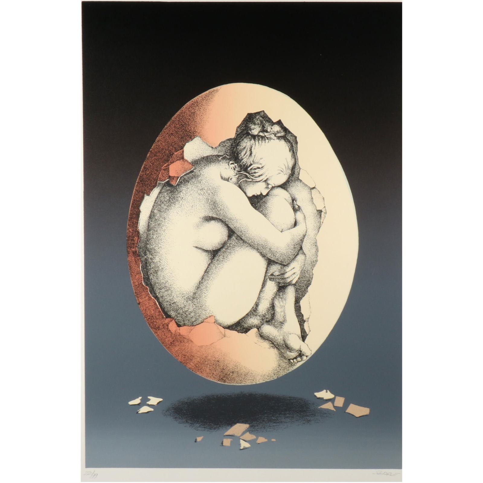 Claude Serre, French (1938-1998), surrealist nude female inside cracked egg, screenprint, 25"H x: Claude Serre French (1938-1998) surrealist nude female inside cracked egg screenprint Pencil signed lower right, numbered 22/99. 25"H x 17"W (Plate), 29 3/4"H x 22"W (Sheet)