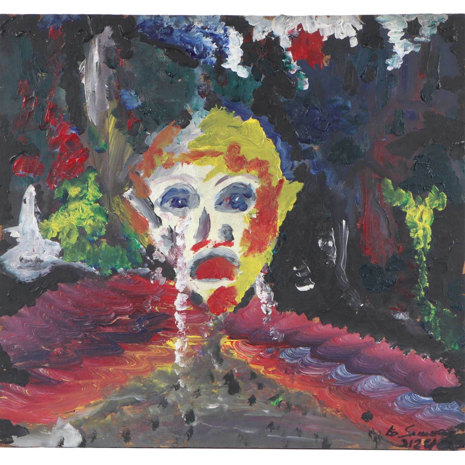 Edward A. Sanders, Indianapolis (1946-2006), figural abstract, oil on wood, 21 3/4"H x 23 1/2"W: Edward A. Sanders Indianapolis (1946-2006) figural abstract oil on wood Signed and dated lower right. Ed was a graduate of Purdue University and the Herron School of Art. He was a long established arc