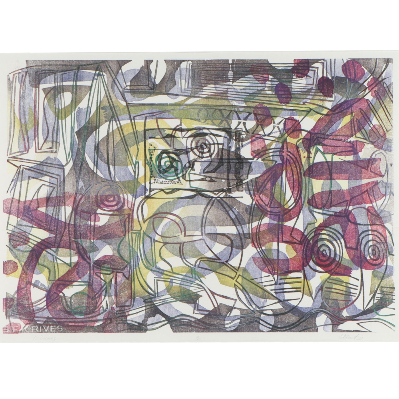 Ed Funk, Indianapolis (1953-2013), TV Dreams, block print, 18"H x 25"W(sight), 28 1/4" 34 (1 of 11)