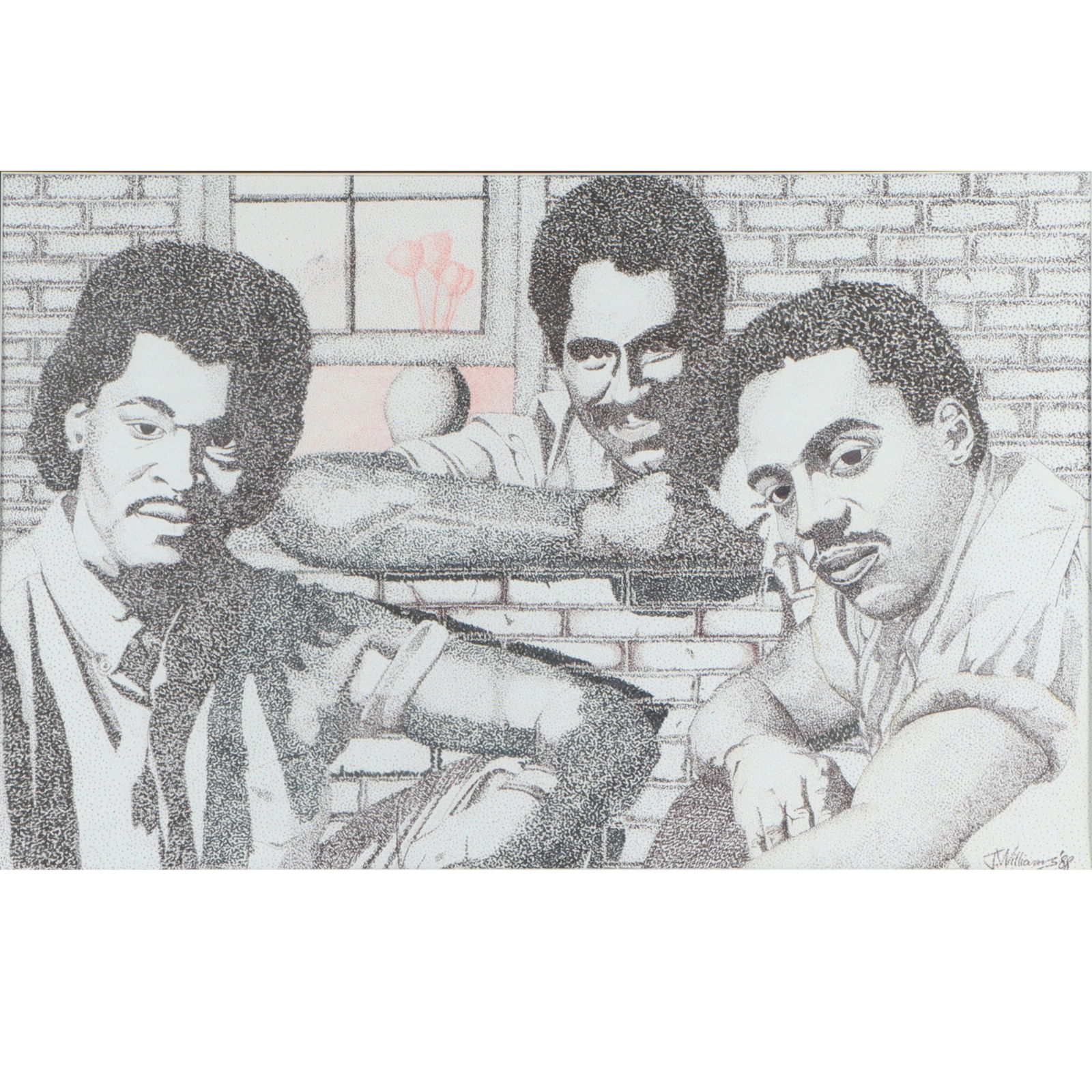 Pointillism portrait ink drawing on paper depicting three black men posed in front of a brick wall,: Pointillism portrait ink drawing on paper depicting three black men posed in front of a brick wall, signed J. Williams, 1988 18"H x 27 3/4"W(sight), 24 1/4"H x 34 1/4"W(frame)
