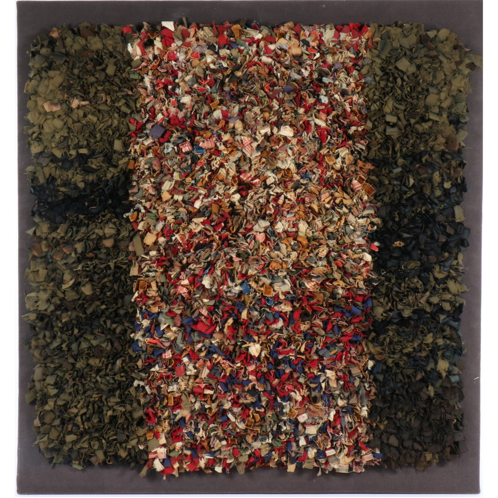 Contemporary dimensional textile art collage; composition of shredded pieces of cotton ticking and (1 of 9)