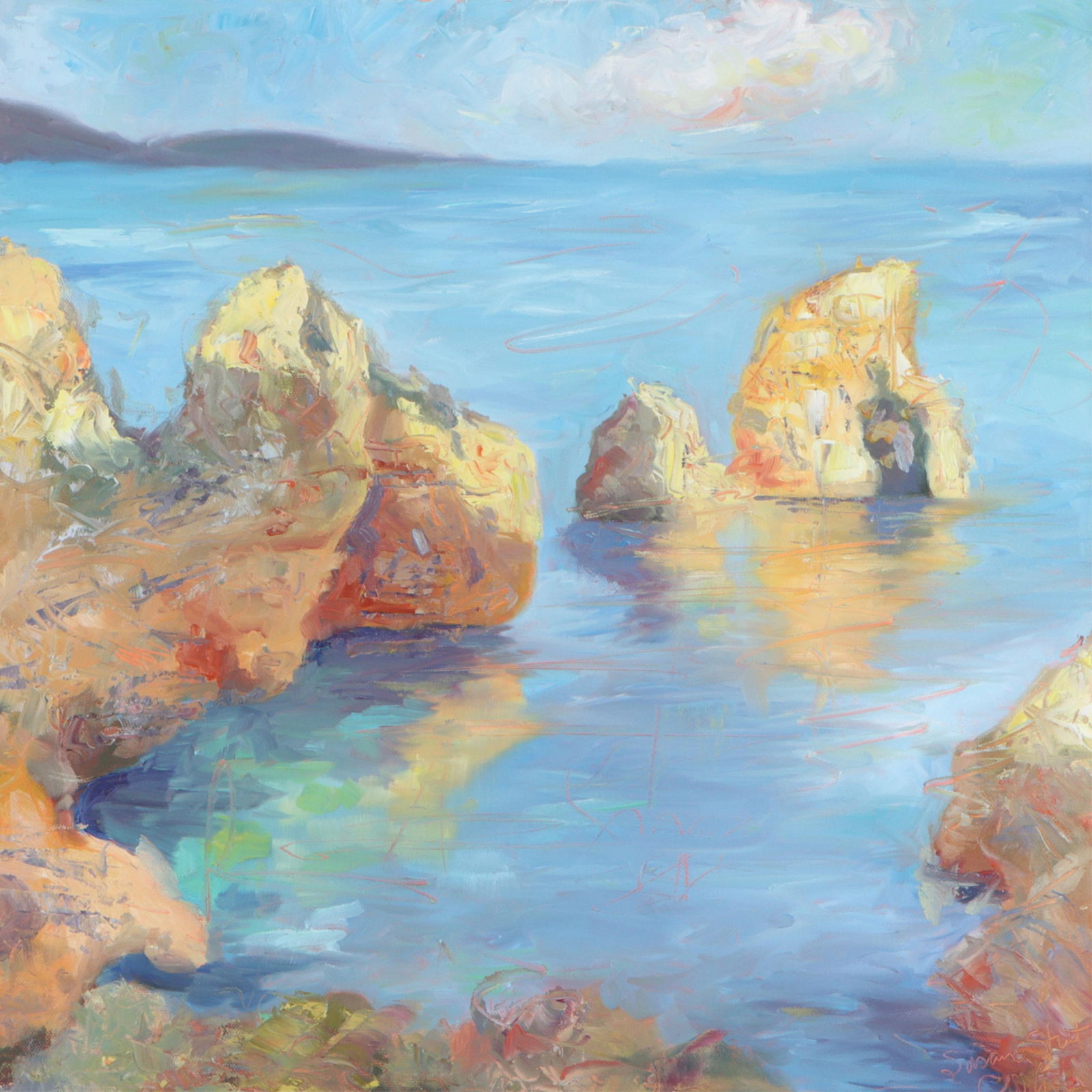 Susan Street Cook, Indianapolis (20th/21st century), seascape, oil on canvas, 19 1/2"H x 19: Susan Street Cook Indianapolis (20th/21st century) seascape oil on canvas signed lower right. In ornate carved and gilt frame. About Susan Street Cook: As a child growing up in Frankfort, IN, I was ob