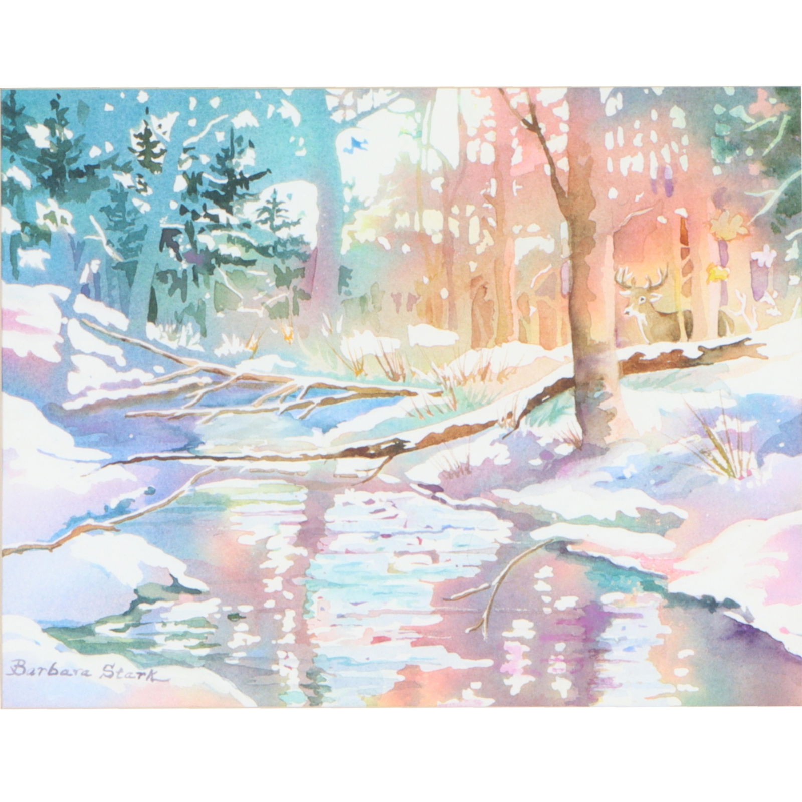 Barbara Stark, Indiana (20th / 21st Century), winter forest landscape with deer, watercolor on (1 of 11)