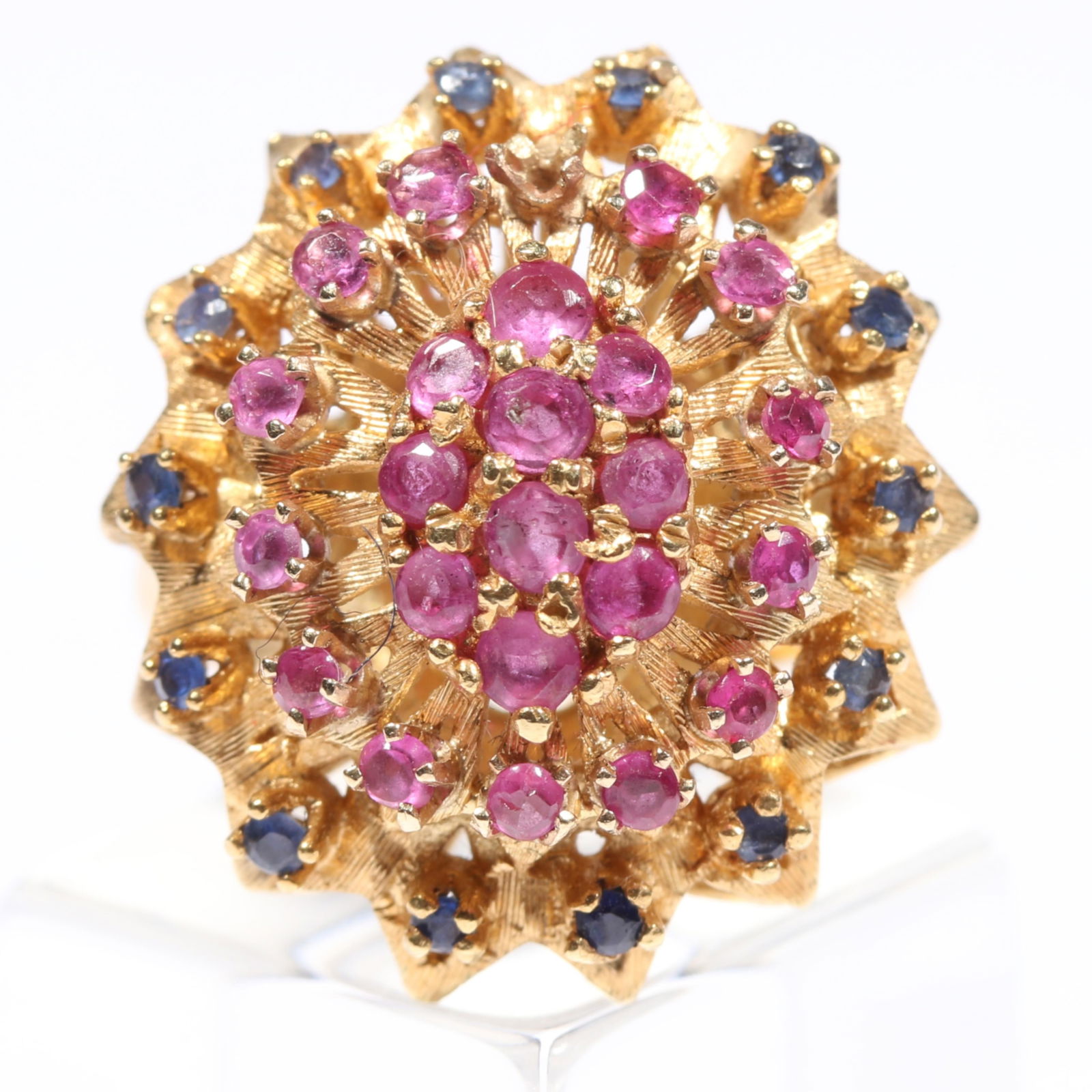 18K yellow gold large starburst domed ring with center rubies and sapphire halo. Ring size 3 3/4-4 (1 of 7)