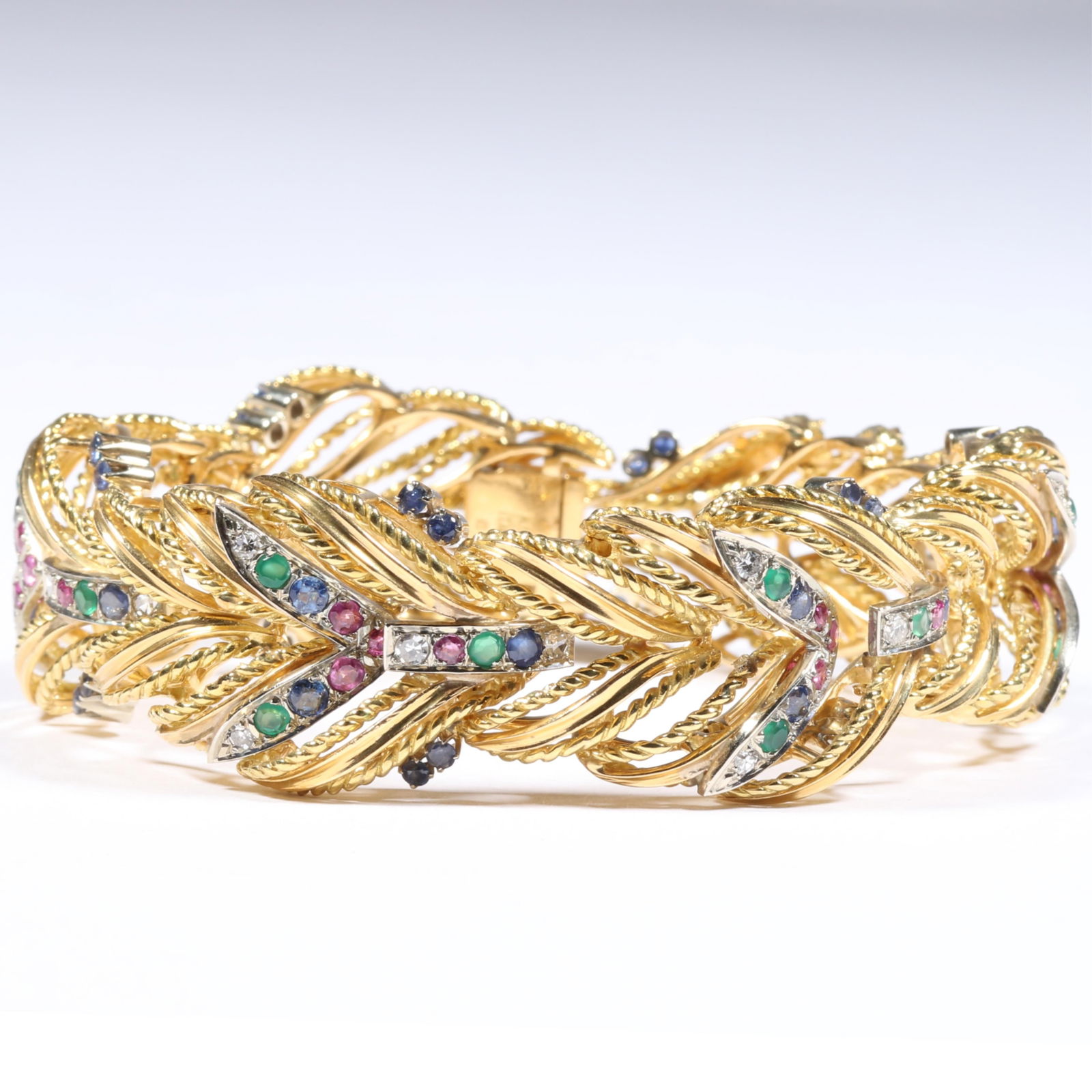 14K yellow gold openwork foliage bracelet decorated with diamonds, rubies, emeralds, and sapphire (1 of 8)