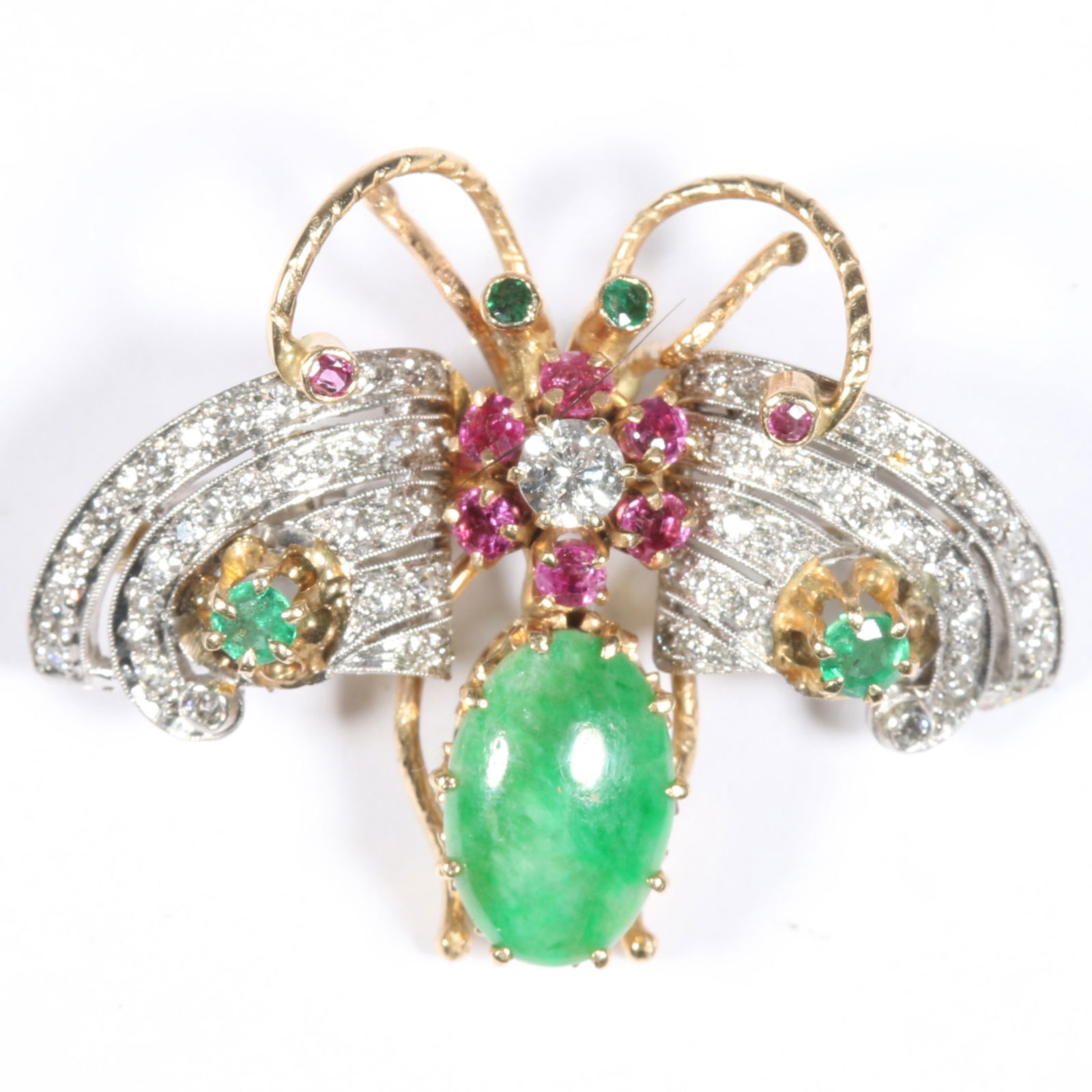 14K yellow and white gold hand fabricated bug brooch with jade cabochon, 4 emeralds, 8 rubies, and (1 of 9)