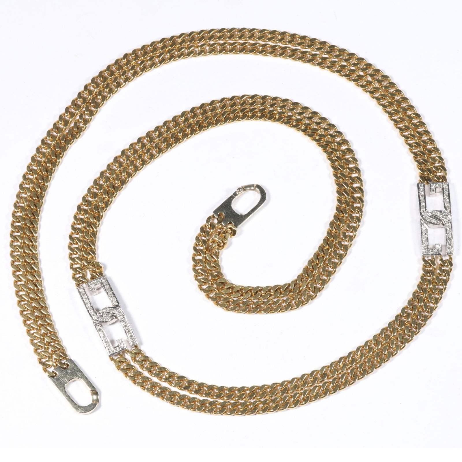 HEAVY 18K yellow and white gold double Cuban link necklace with diamond link accents. 29 1/2"L x: HEAVY 18K yellow and white gold double Cuban link necklace with diamond link accents. 95.1DWT The purchase of gold requires confirmed funds. 29 1/2"L x 1/2"W