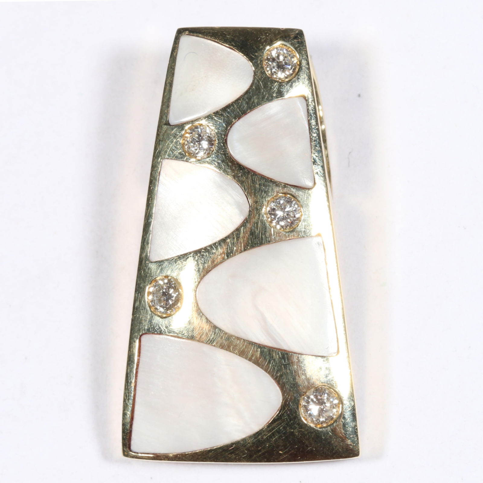 18K yellow gold custom made MOP inlay pendant with 5 diamonds, lost wax cast, unmarked tested 1: 18K yellow gold custom made MOP inlay pendant with 5 diamonds, lost wax cast, unmarked tested 11.828DWT 5 diamonds 3.3mm-3mm each, est. .60 cttw, H-I, SI1-SI2 The purchase of gold requires confirmed f