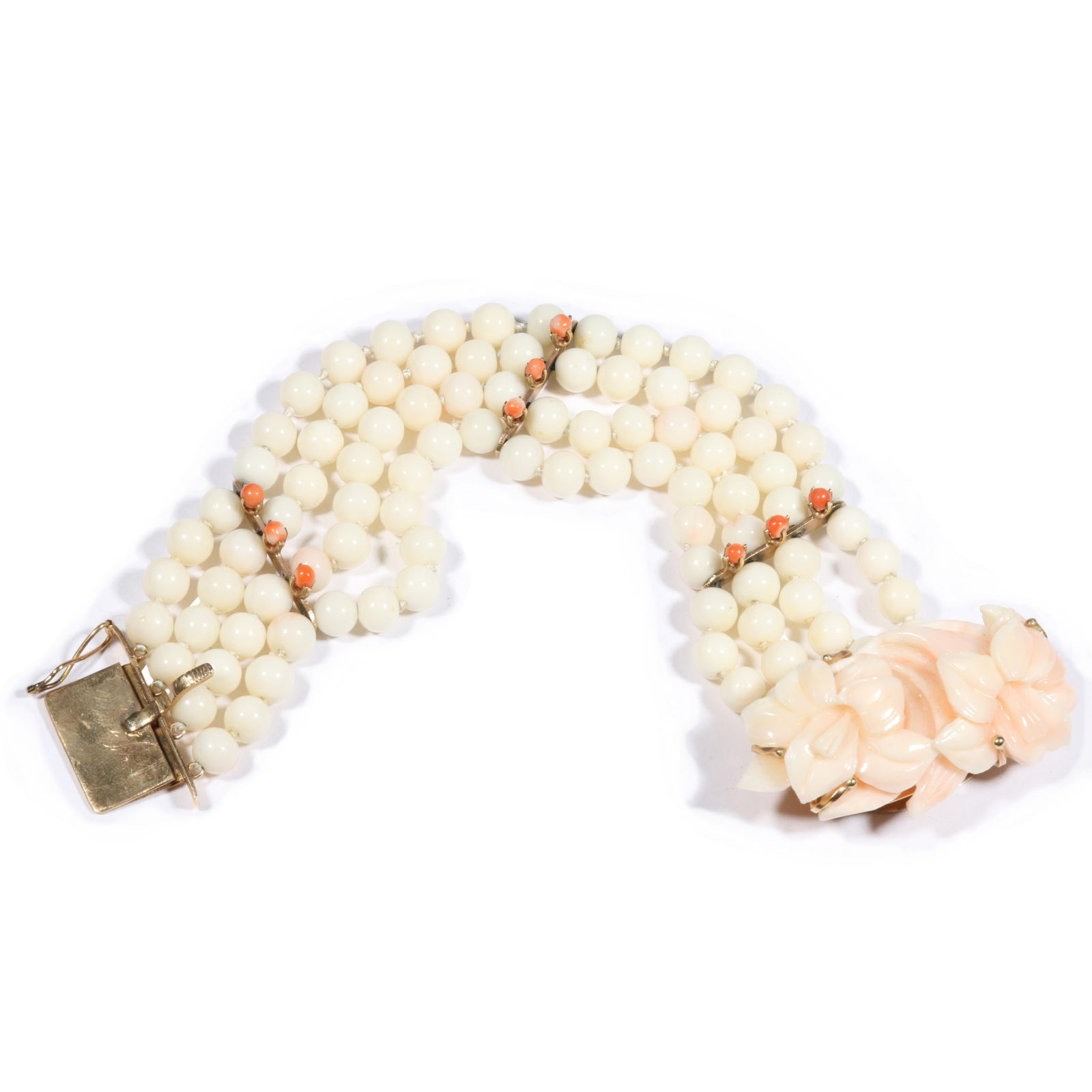 14K gold multistrand knotted angel skin coral bracelet with floral carved clasp and orange coral: 14K gold multistrand knotted angel skin coral bracelet with floral carved clasp and orange coral accents, 14K gold clasp and spacers, unmarked tested. 45.5DWT 6.8mm coral beads The purchase of gold re
