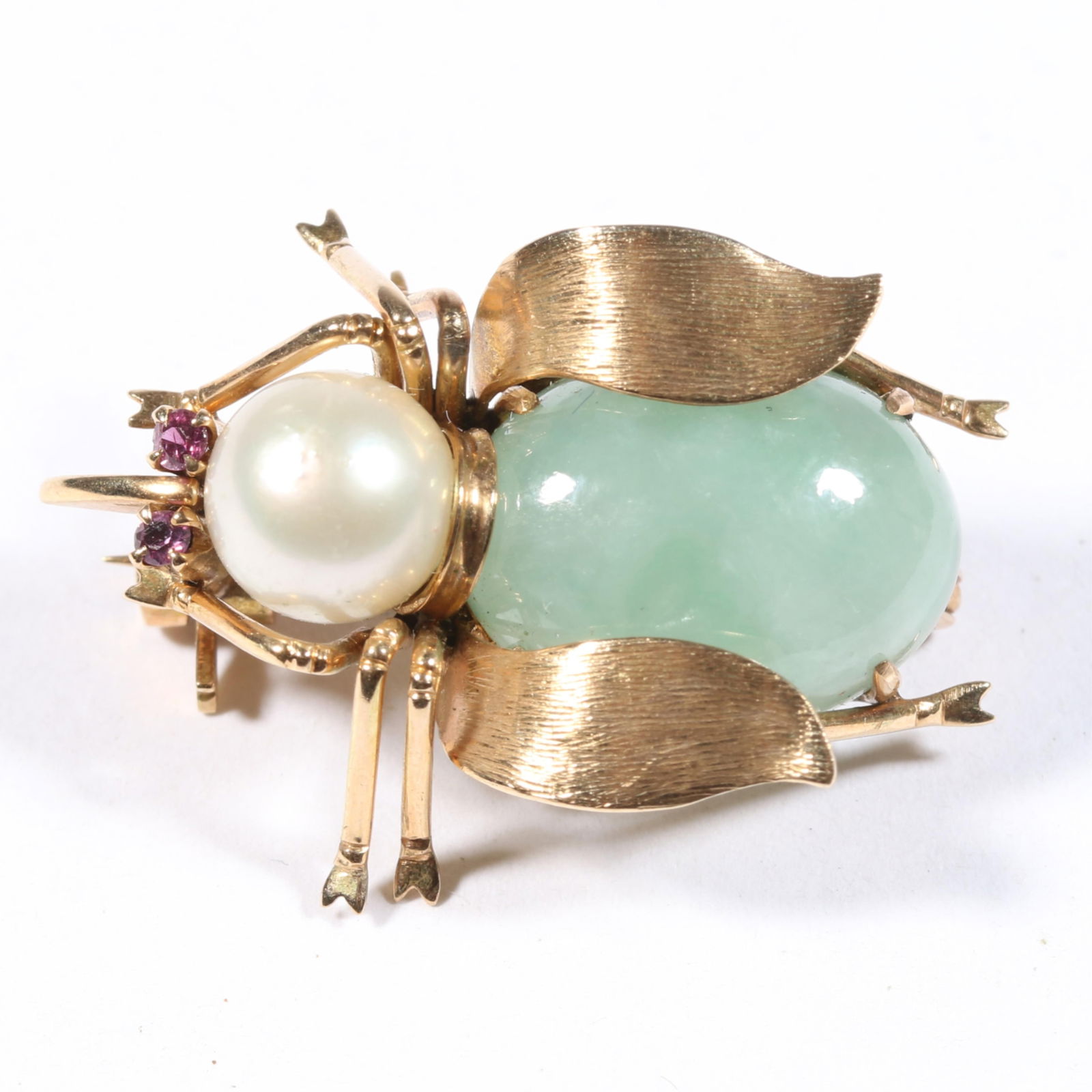 14K yellow gold bug / fly pin with pearl head, jade body, and ruby eyes. 1 1/4"L x 7/8"W (1 of 7)