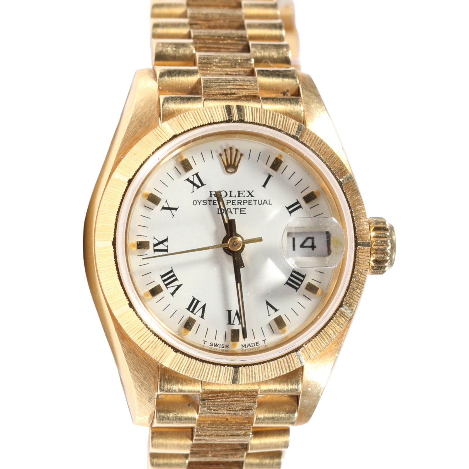 Rolex 18K solid gold vintage ladies Swiss made oyster perpetual date quartz watch with bark finish (1 of 14)