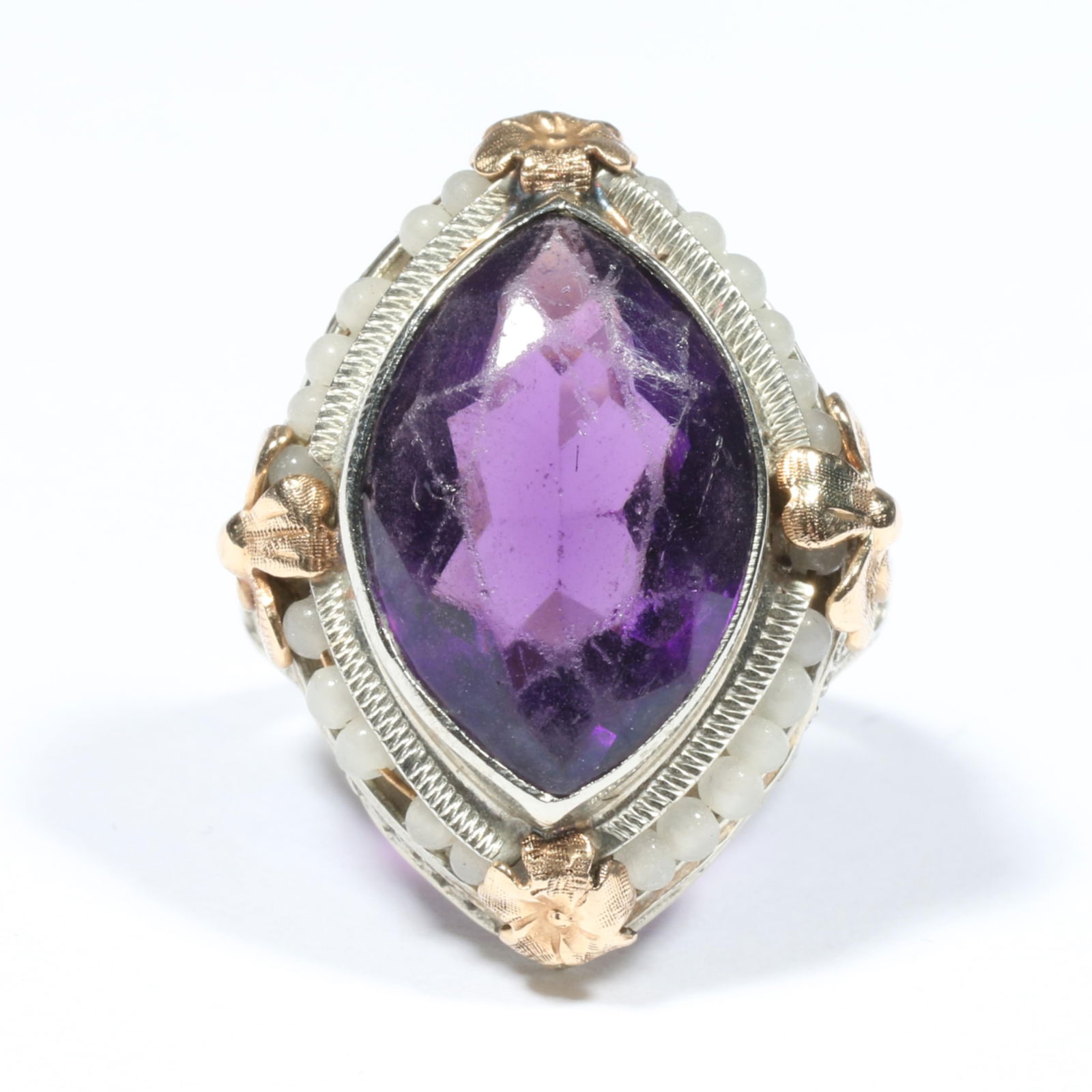 10K white gold Deco filigree ring with yellow gold floral accents with large amethyst center and (1 of 12)