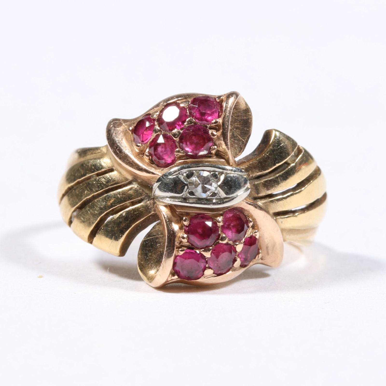 14K yellow gold Retro ruby ring with diamond center. Ring size 3 (1 of 8)