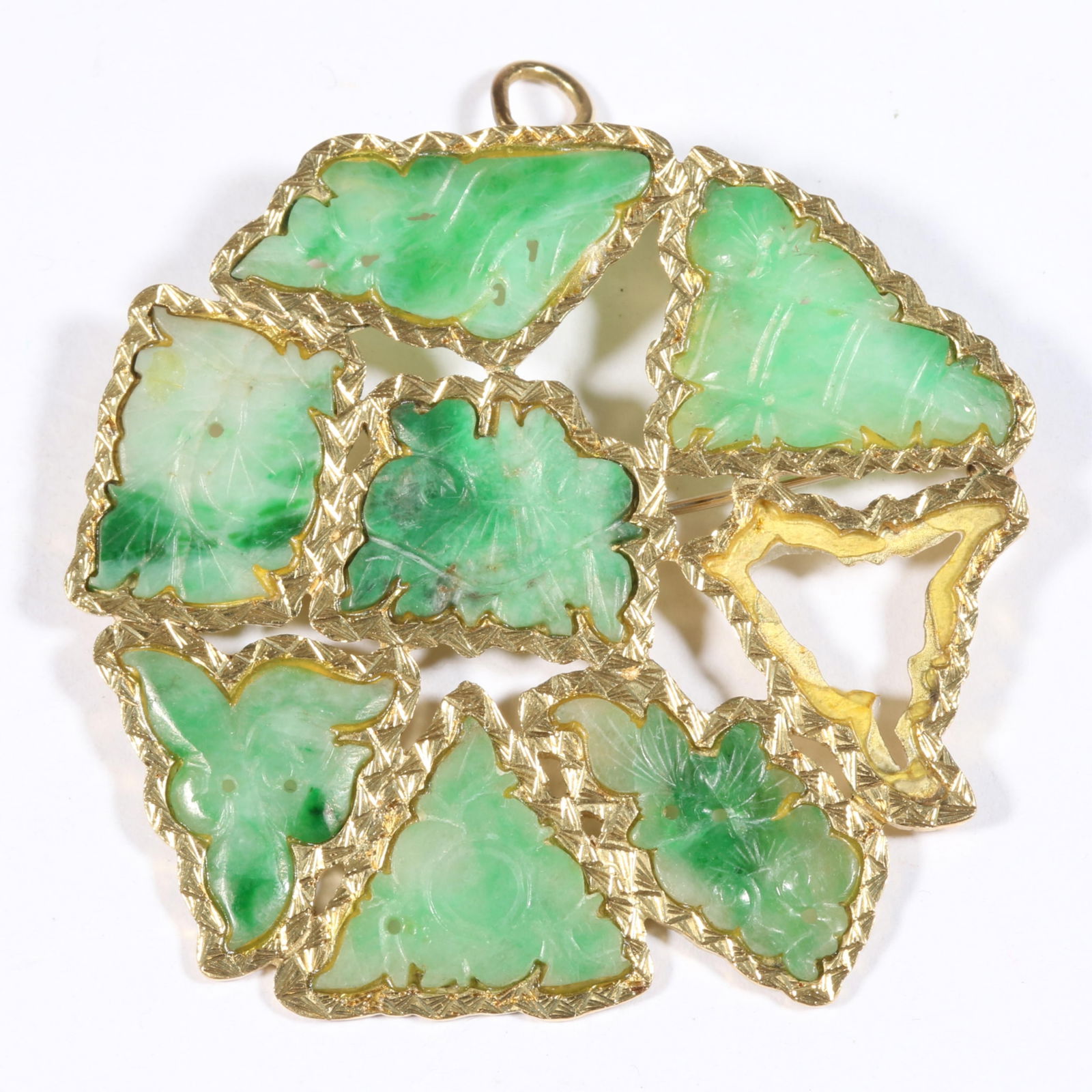 Large 18K yellow gold carved and pierced jade pendant brooch. 2 1/8"L x 2 1/4"W (1 of 11)