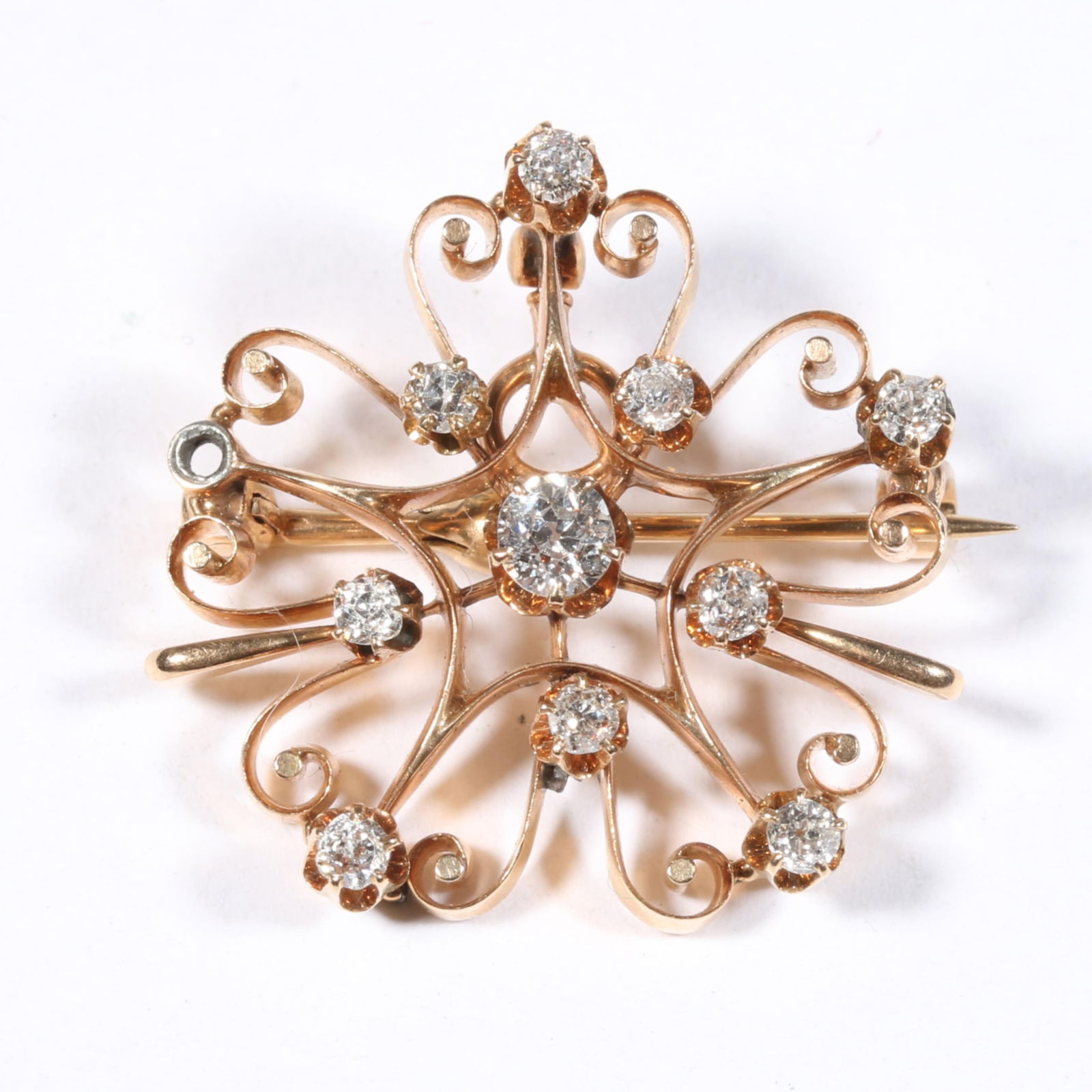 14K rose gold and diamond star pendant brooch, unmarked tested. 1 1/8"Diameter (1 of 6)