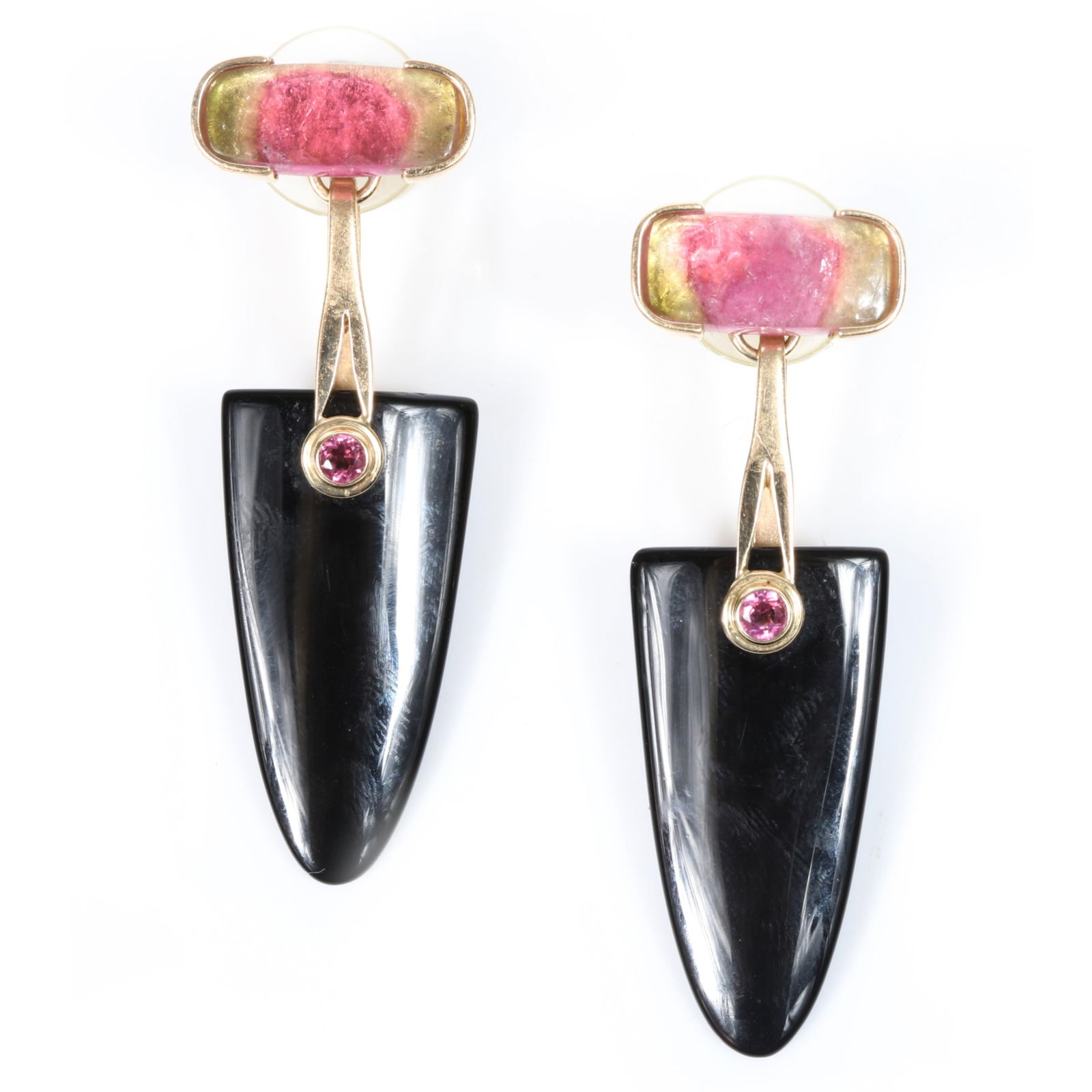 Custom modernist 14K gold watermelon tourmaline and polished onyx drop earrings. 2"H x 1/2"W (one): Custom modernist 14K gold watermelon tourmaline and polished onyx drop earrings. Watermelon tourmaline stones measure 15.50 x 6.40mm, est. 5cttw. Accent tourmalines measure 2.75mm. Black onyx measure