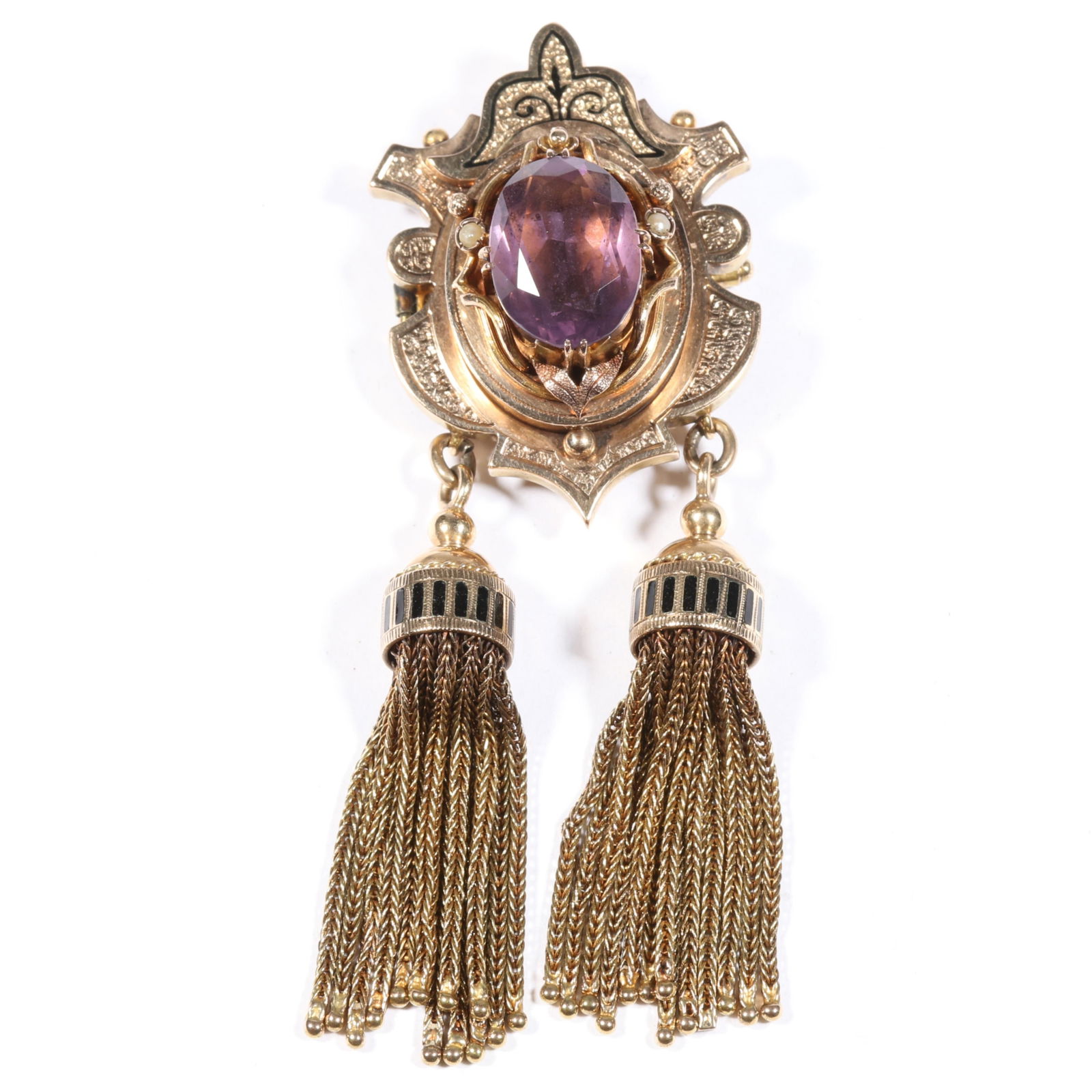 14K yellow gold antique Victorian taille d??pargne enamel tassel brooch/ pendant/ fob locket with: 14K yellow gold antique Victorian taille d??pargne enamel tassel brooch/ pendant/ fob locket with large faceted amethyst and seed pearl accents, unmarked tested. All 14K gold, including tassels Great