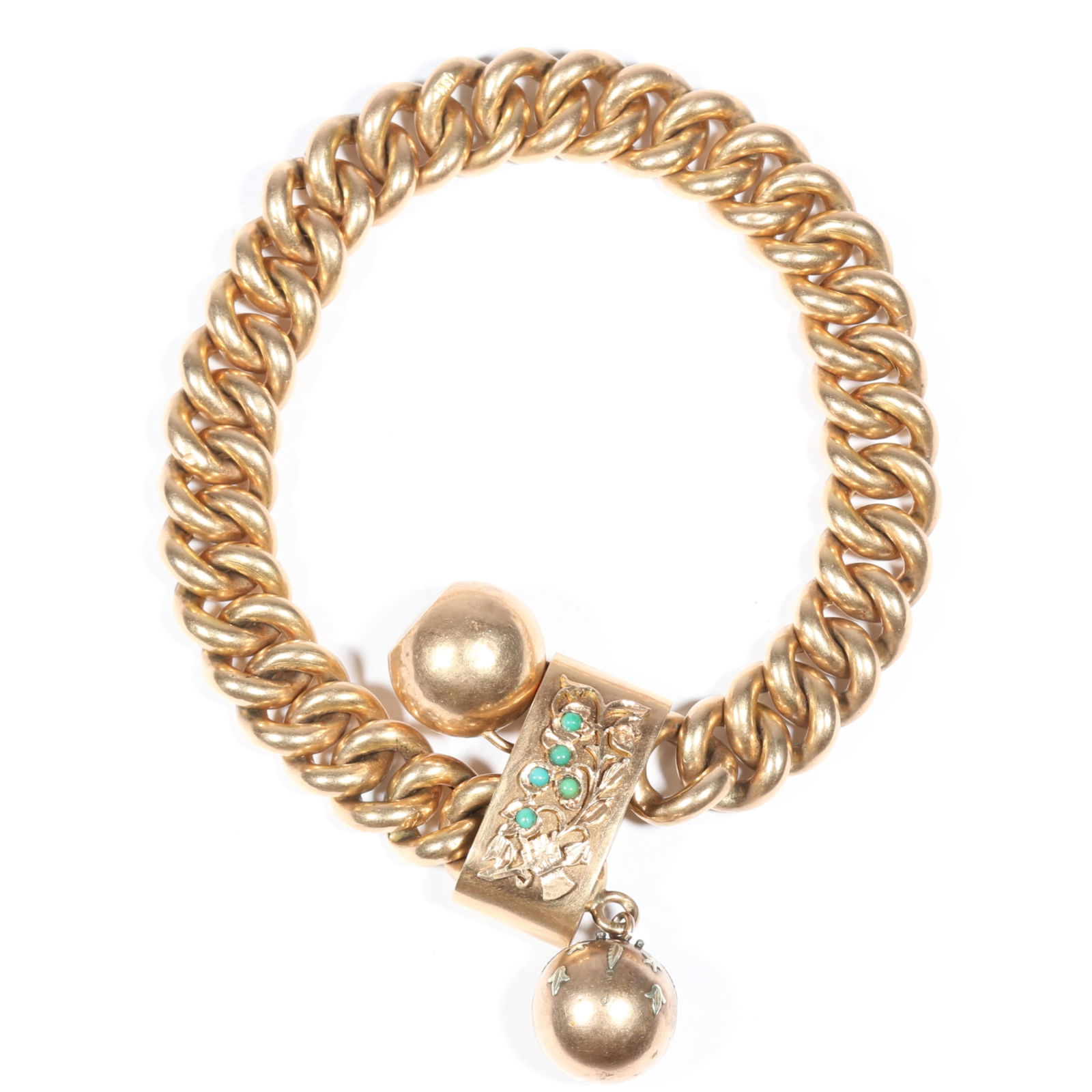 14K yellow gold Russian Victorian slide chain bracelet with one decorated orb charm and ornate slide: 14K yellow gold Russian Victorian slide chain bracelet with one decorated orb charm and ornate slide with hand holding a turquoise bouquet of flowers. Hallmarked with a 56 and Greek or Roman head. 24.
