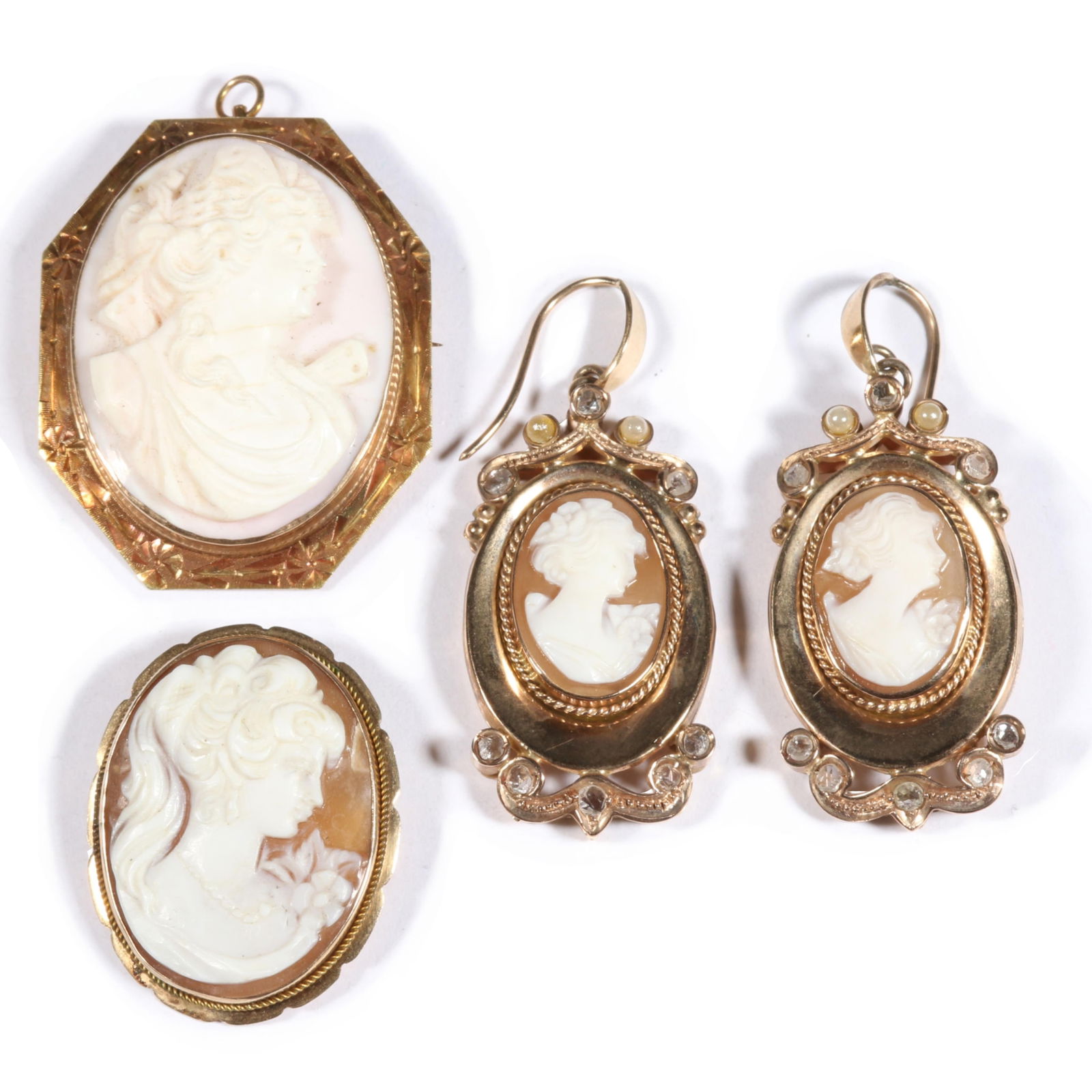 Antique Victorian 9K rosy gold, diamond, and pearl cameo earrings, 10K large shell cameo, 14K small (1 of 20)