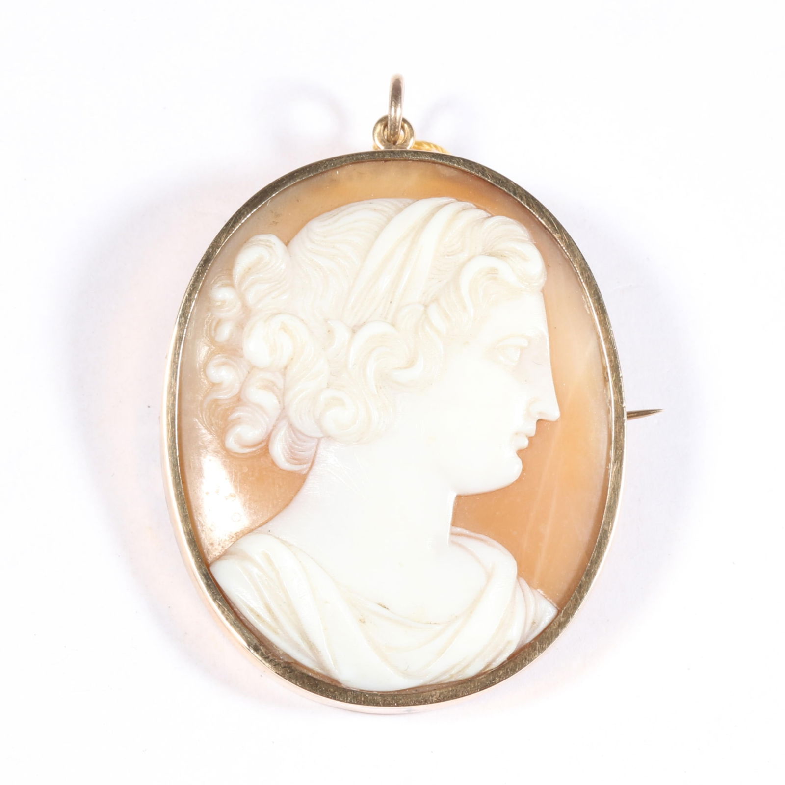 14K yellow gold Victorian shell cameo pendant brooch, unmarked tested. 1 3/4"L x 1 1/2"W (1 of 6)