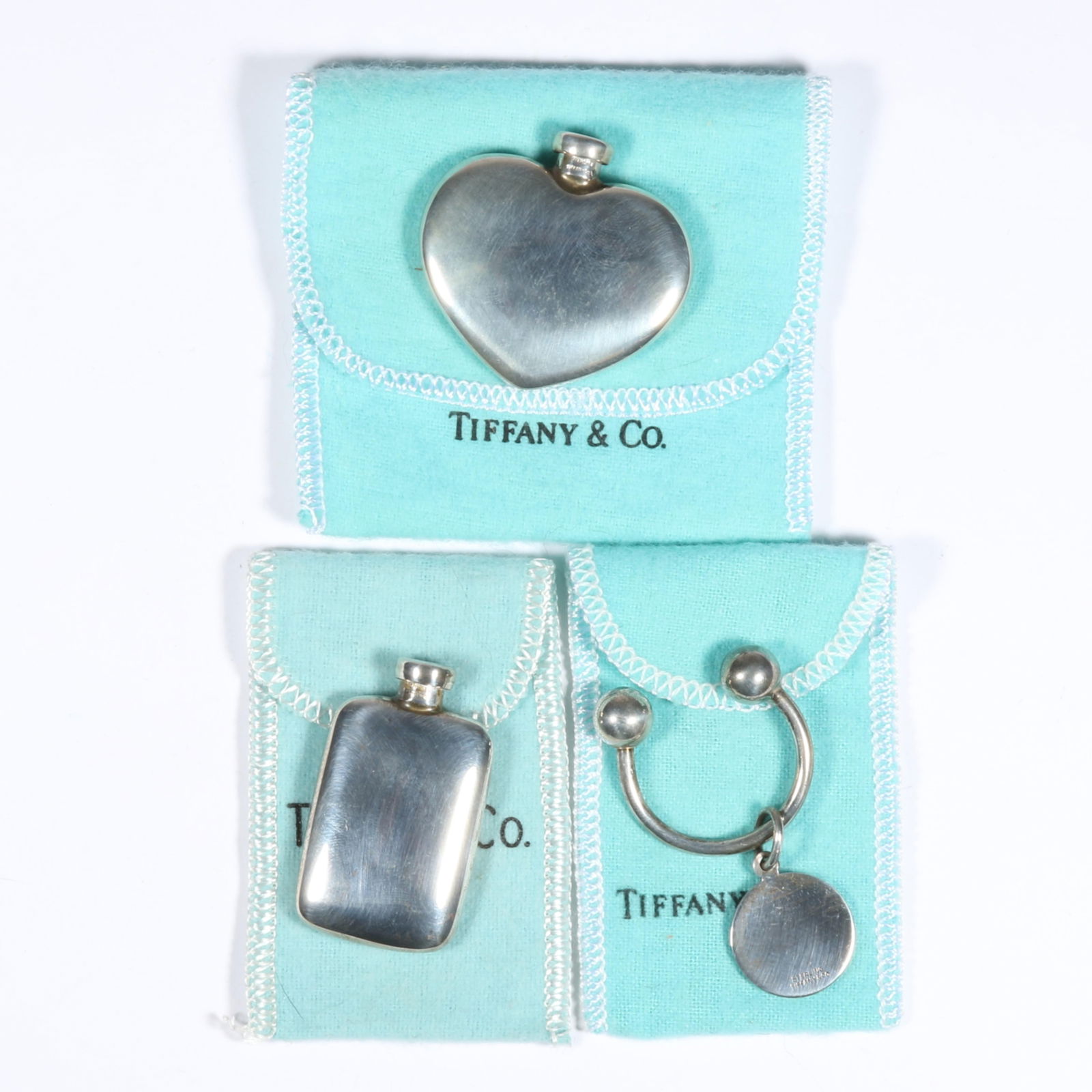 Tiffany & Co. sterling silver 3pc group with pair of small perfume bottles and keychain, all with (1 of 8)