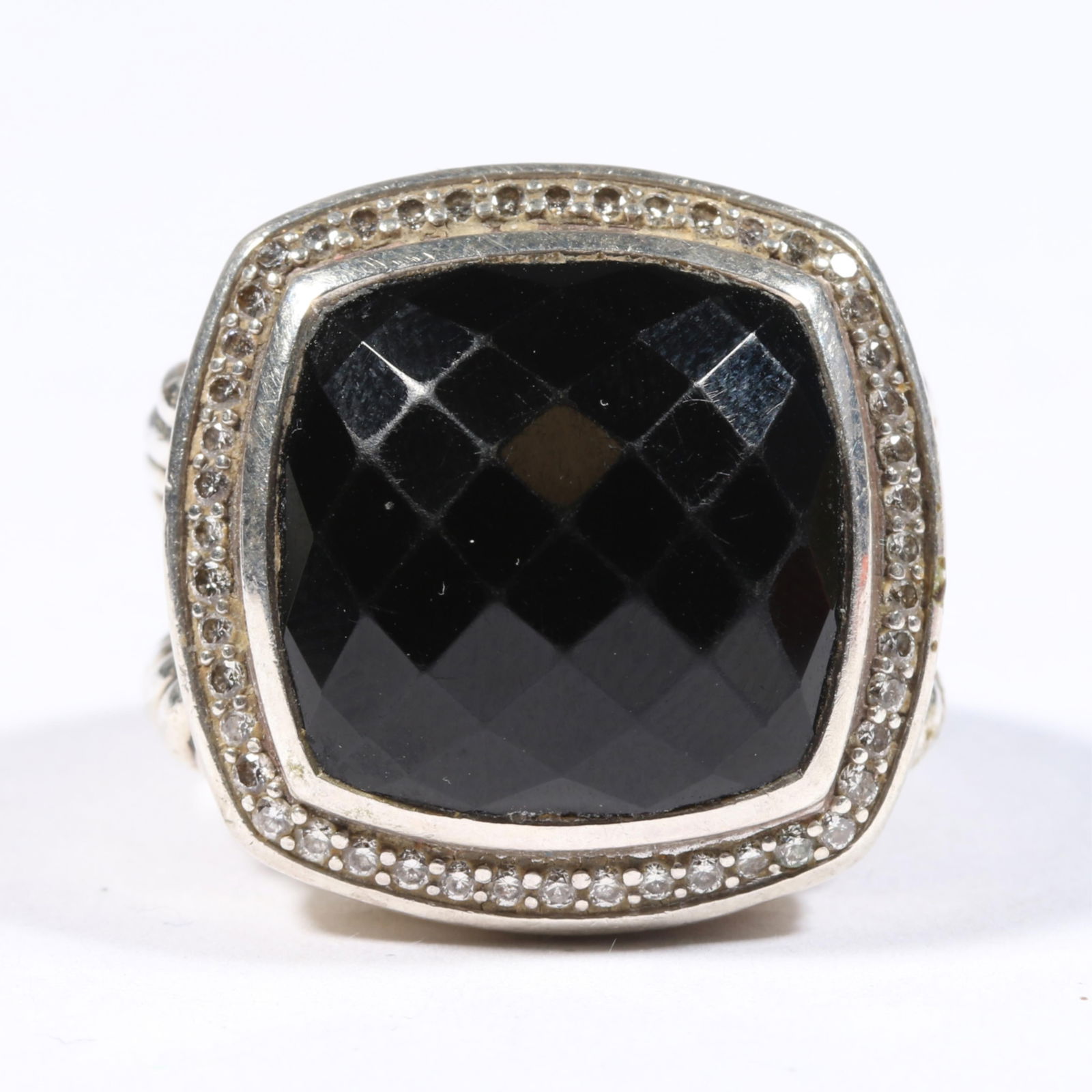 David Yurman Albion sterling silver faceted onyx ring with diamond halo and cable shank. Ring size 6 (1 of 13)