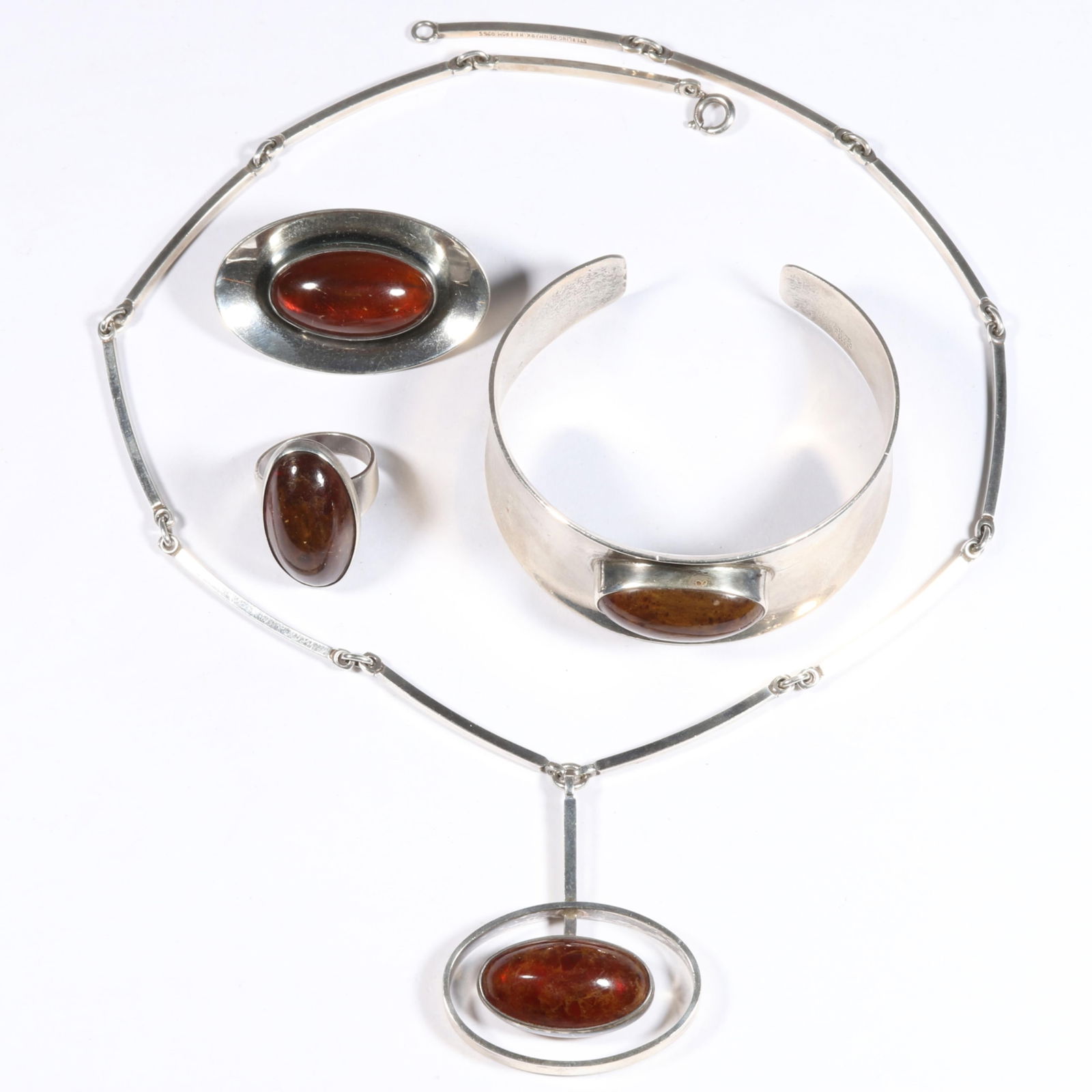 Niels Erik From Danish Modernist sterling silver amber parure including necklace, bracelet, ring, (1 of 13)