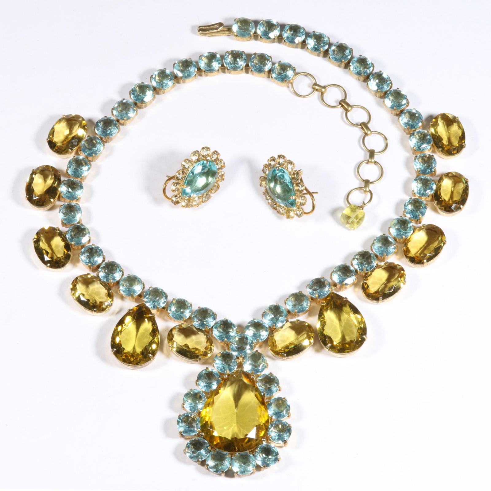 Hassan Bounkit rich yellow citrine and blue topaz gold plated necklace and matching earrings. 19 (1 of 18)
