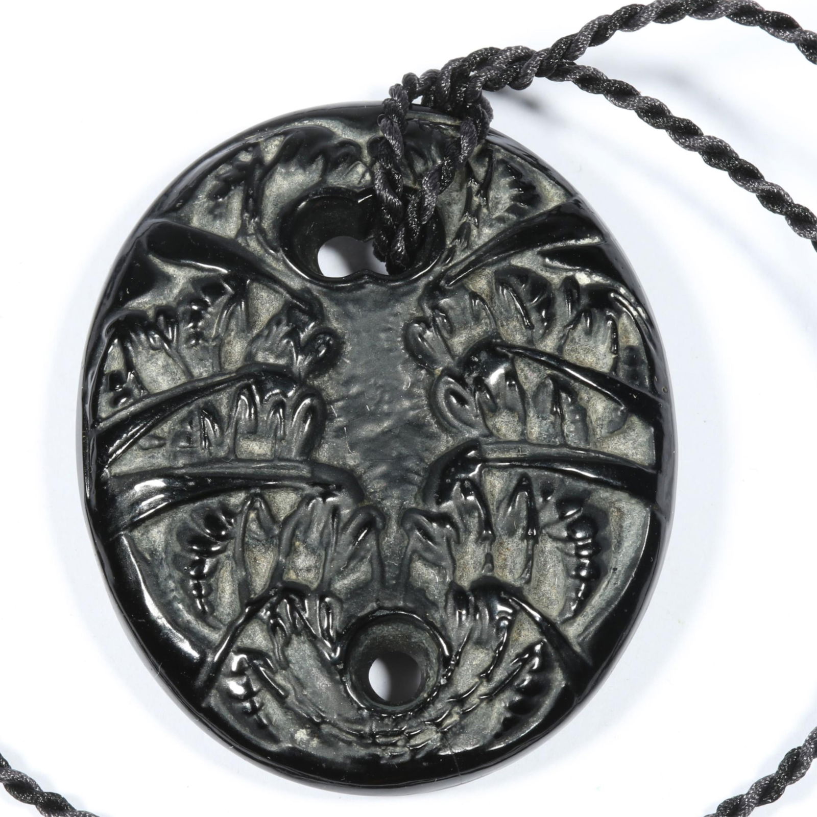 Rene Lalique, 1920's guepes wasps black glass pendant with white patina on contemporary Lalique: Rene Lalique, 1920's guepes wasps black glass pendant with white patina on contemporary Lalique black cord. Contemporary Lalique cord with original bag. Missing tassel on bottom of pendant. Small inde