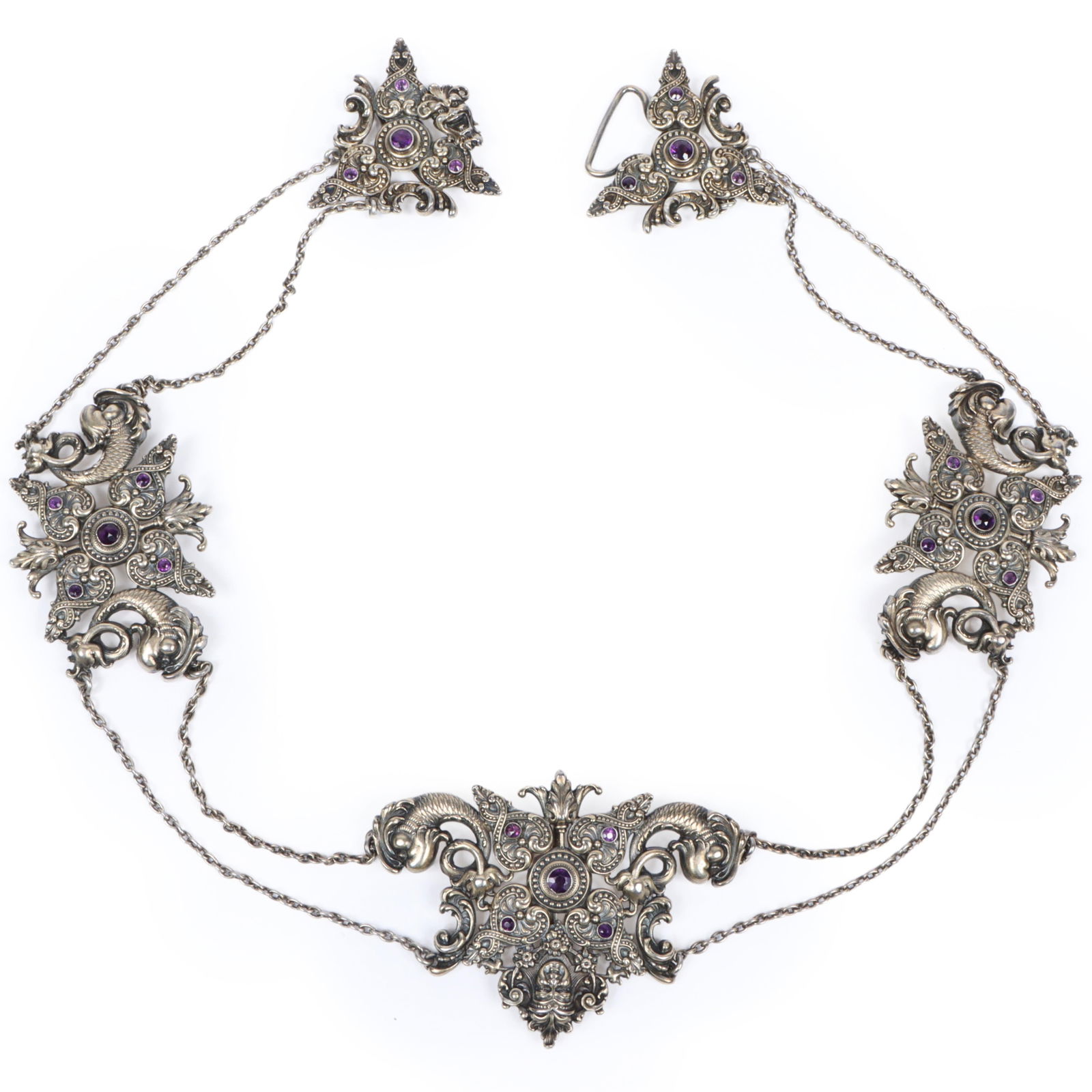 Fabulous William Kerr antique sterling silver 5 panel belt with dolphins, gods of wind, and adorned: Fabulous William Kerr antique sterling silver 5 panel belt with dolphins, gods of wind, and adorned with amethysts. 26 1/2"Long x 2 1/2"W