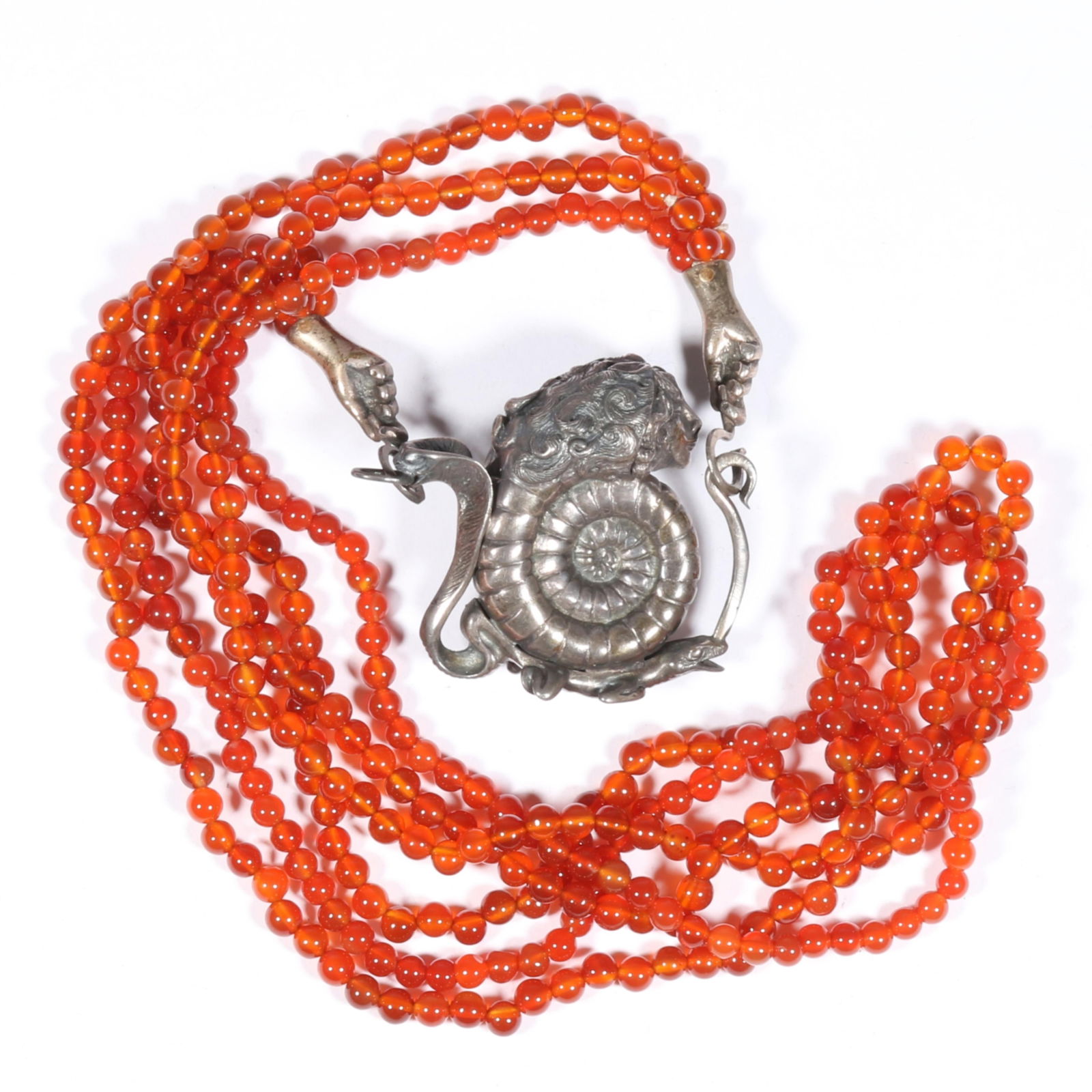 Jaclyn Davidson limited edition sterling silver beaded pendant necklace with Medusa snail figure: Jaclyn Davidson limited edition sterling silver beaded pendant necklace with Medusa snail figure above a cobra and lizard numbered 42/50 18"L x 1 1/2"Drop