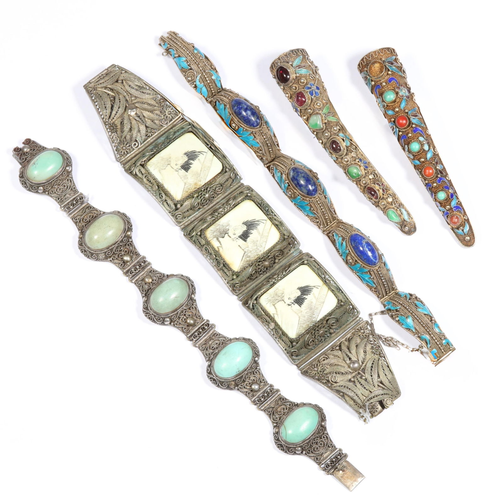 Antique Chinese export enamel and gemstone silver finger guard brooches, scrimshaw bracelet, enamel (1 of 17)