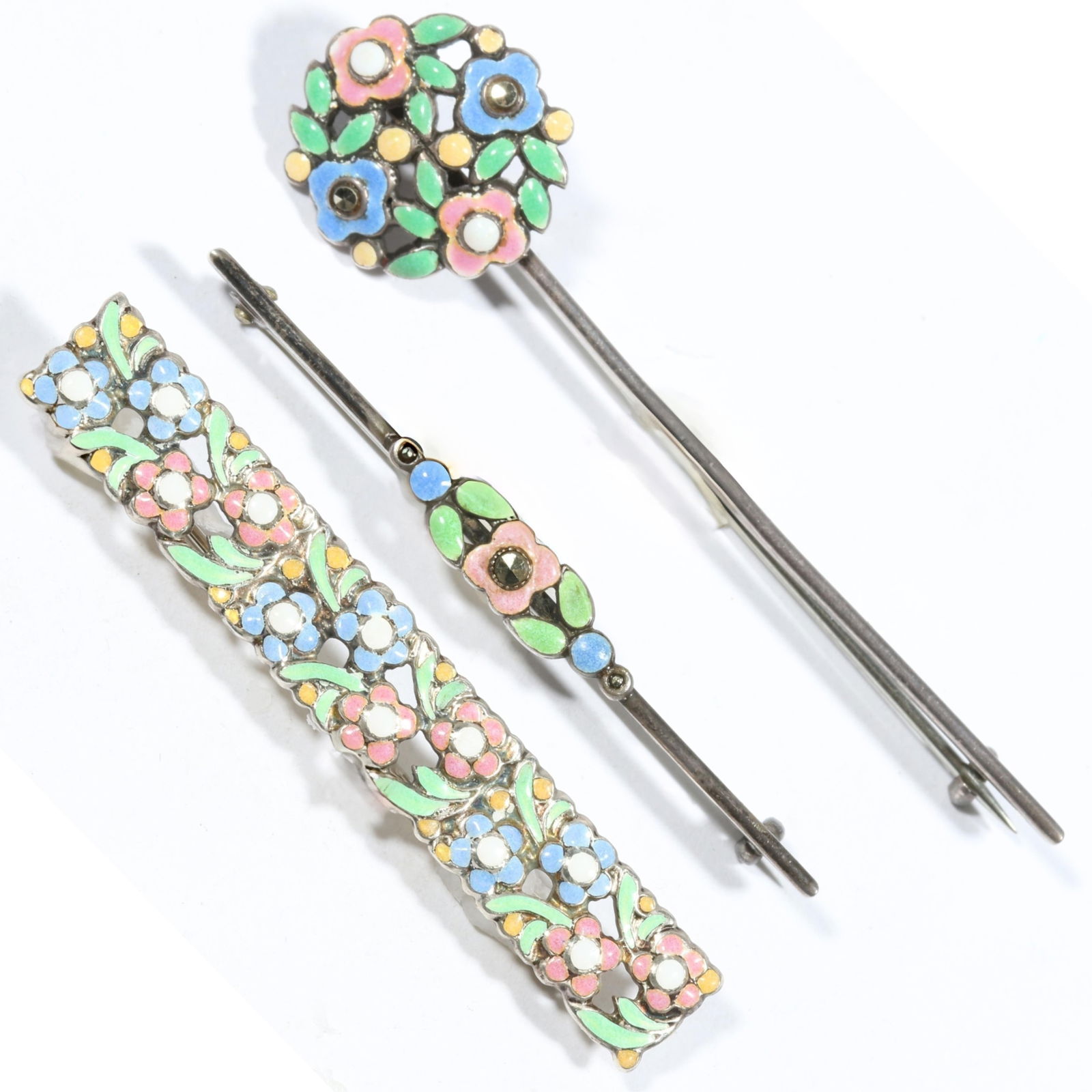Bernard Instone Antique Arts & Crafts floral enamel sterling silver and silver brooch group. 2 3/8"L: Bernard Instone Antique Arts & Crafts floral enamel sterling silver and silver brooch group. Fully enameled brooch marked Silver BI From the inventory of the former vintage costume jewelry business, "