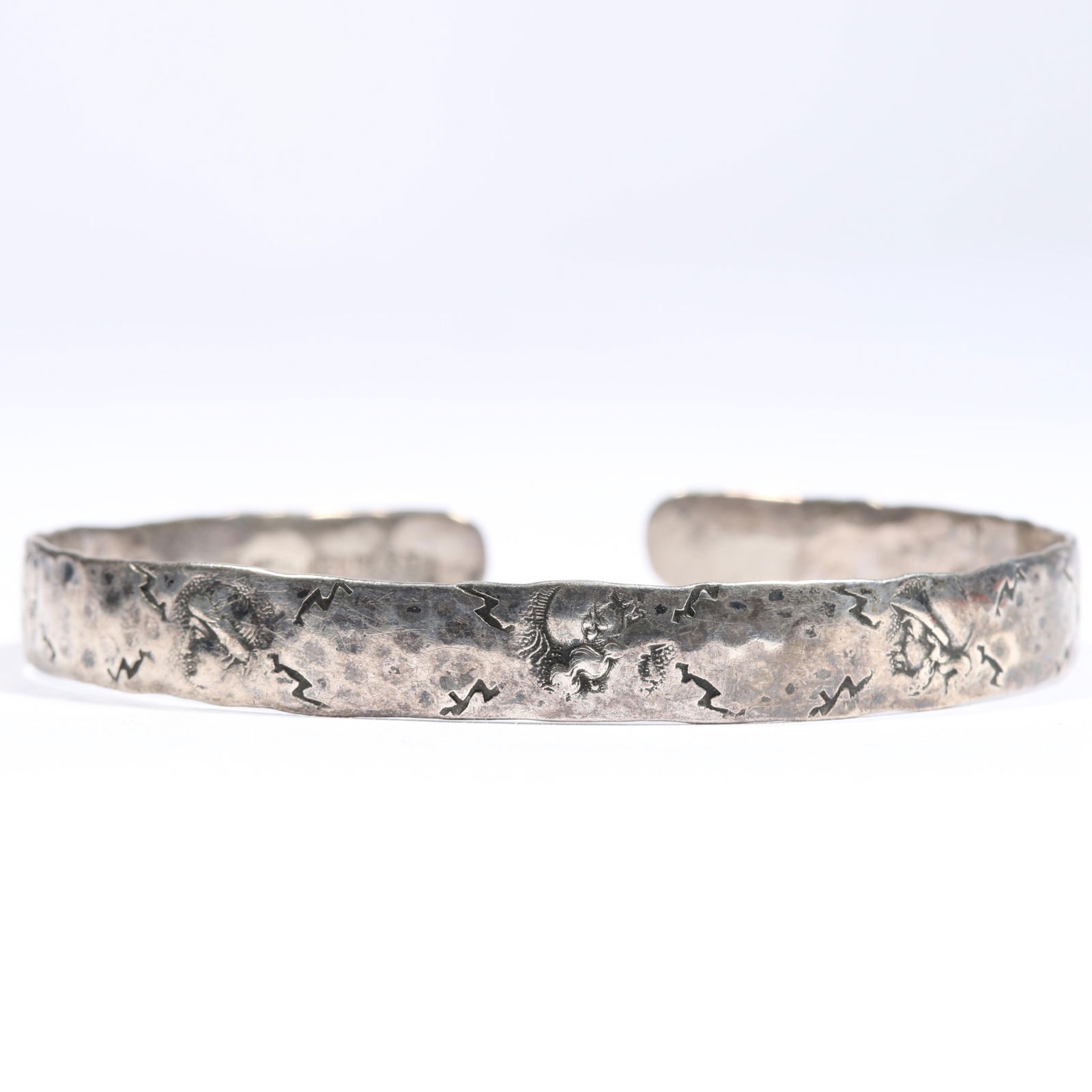 George W. Shiebler antique sterling silver textured Roman Coin cuff bracelet. 3/8"H x 3 1/8"Inner: George W. Shiebler antique sterling silver textured Roman Coin cuff bracelet. 26.8g Also signed A. Stowell & Co. From the life time collection of Donna Soodalter-Toman, DIVA owner/founder and winner o