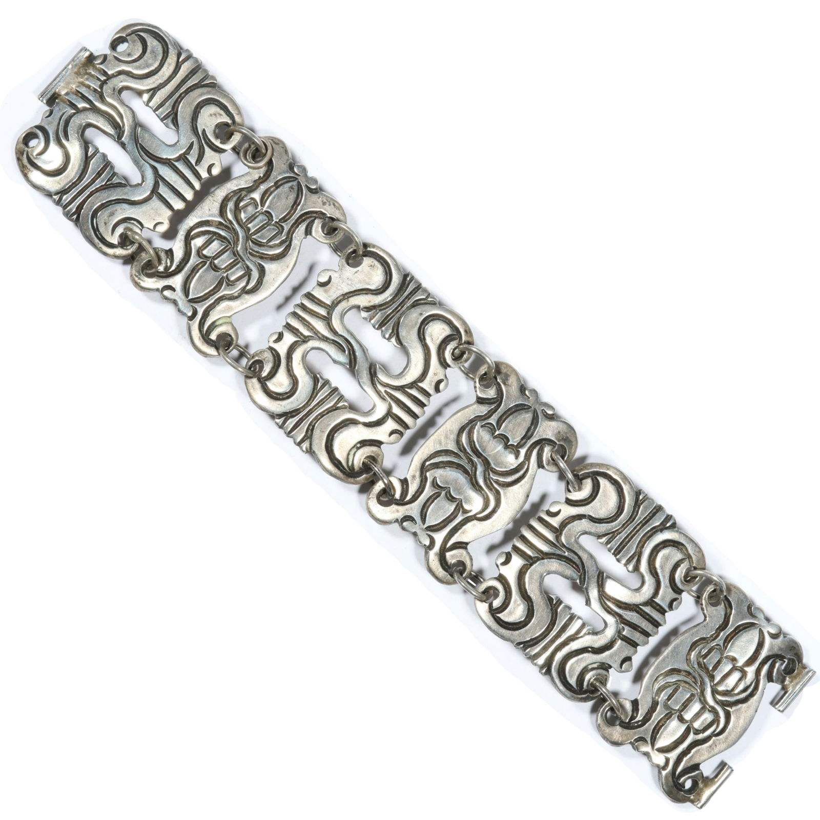 Rafael Dominguez? 980 silver Taxco panel bracelet, missing pin. 6 7/8"L x 1 1/2"W: Rafael Dominguez? 980 silver Taxco panel bracelet, missing pin. 80.7g (980 silver) 6 7/8"L x 1 1/2"W