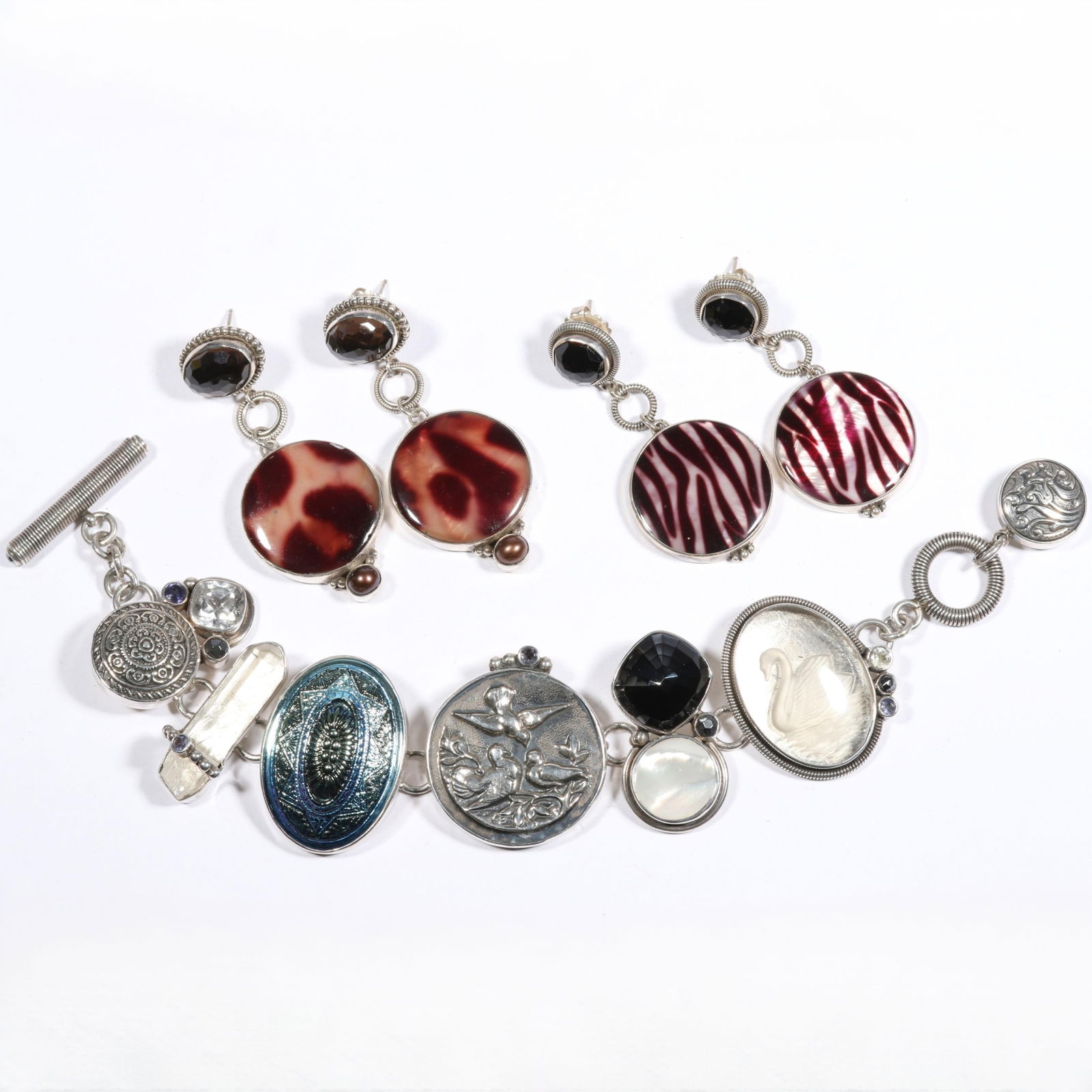 Echo of The Dreamer sterling silver jewelry group including czech glass, MOP, quartz, white topaz,: Echo of The Dreamer sterling silver jewelry group including czech glass, MOP, quartz, white topaz, bracelet, and two pairs of earrings. From the life time collection of Donna Soodalter-Toman, DIVA own