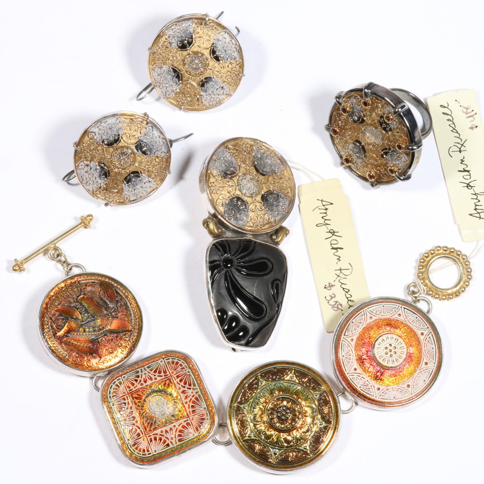 Amy Kahn Russell sterling silver Czech glass jewelry group including vibrant color patterned button: Amy Kahn Russell sterling silver Czech glass jewelry group including vibrant color patterned button bracelet and onyx pendant brooch, with unsigned ring and earrings. Bracelet and pendant brooch have