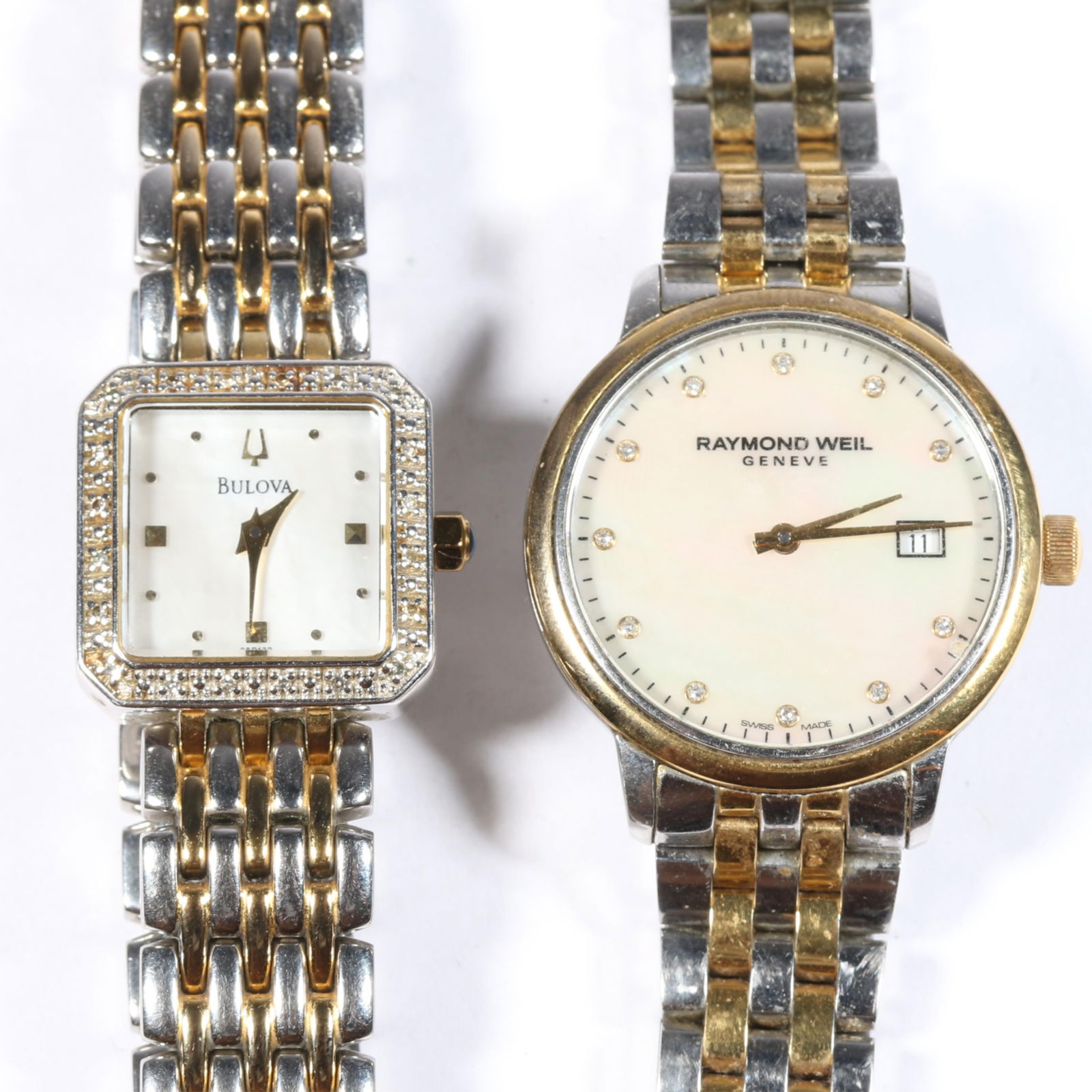 Pair of ladies wristwatches: Bulova two tone stainless steel quartz watch with MOP face and diamond (1 of 18)