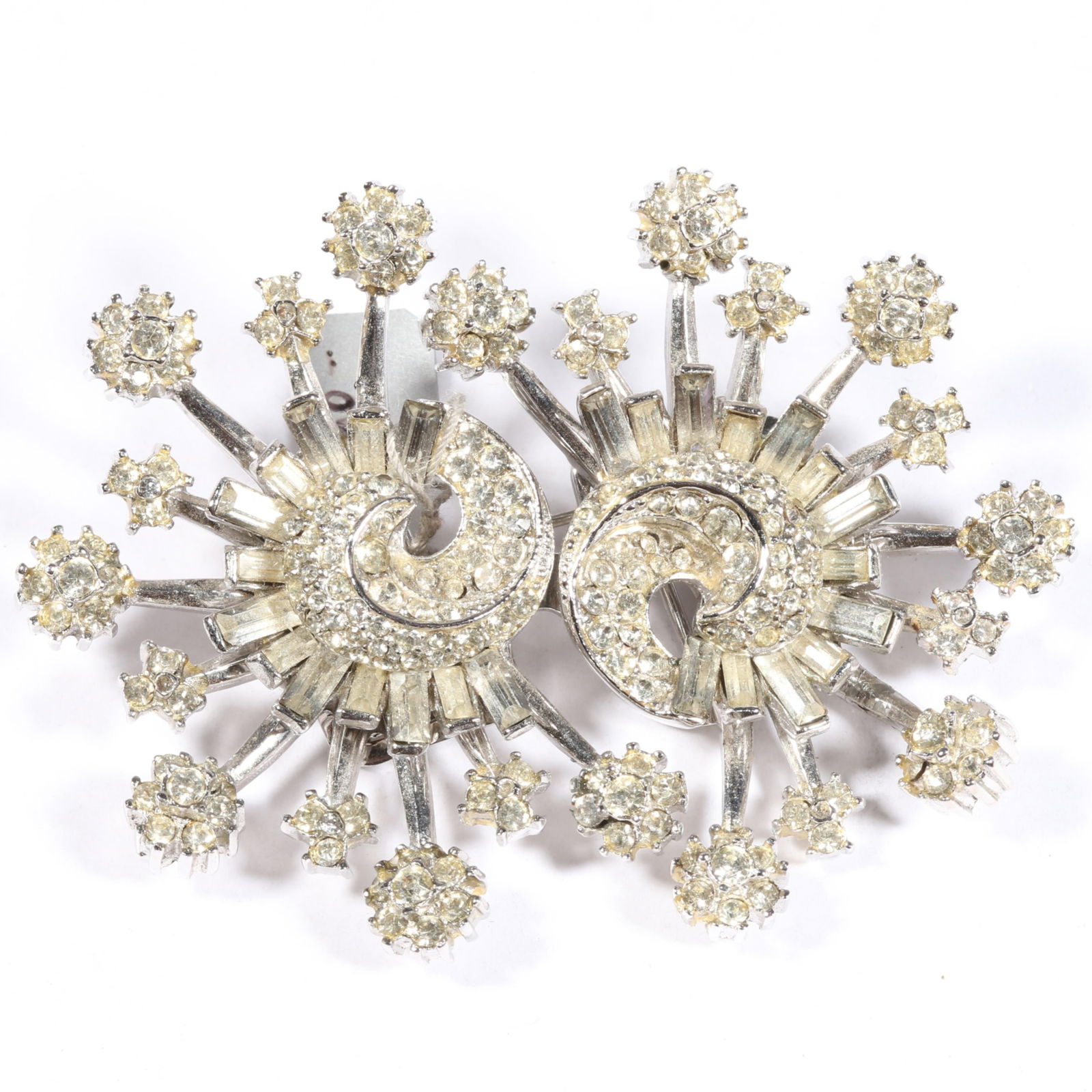 Very Rare Coro Craft / Coro Duette Retro rhinestone crystal atomic starburst brooch fur clips. 2: Very Rare Coro Craft / Coro Duette Retro rhinestone crystal atomic starburst brooch fur clips. 5 missing tiny rhinestones. From the life time collection of Donna Soodalter-Toman, DIVA owner/founder an