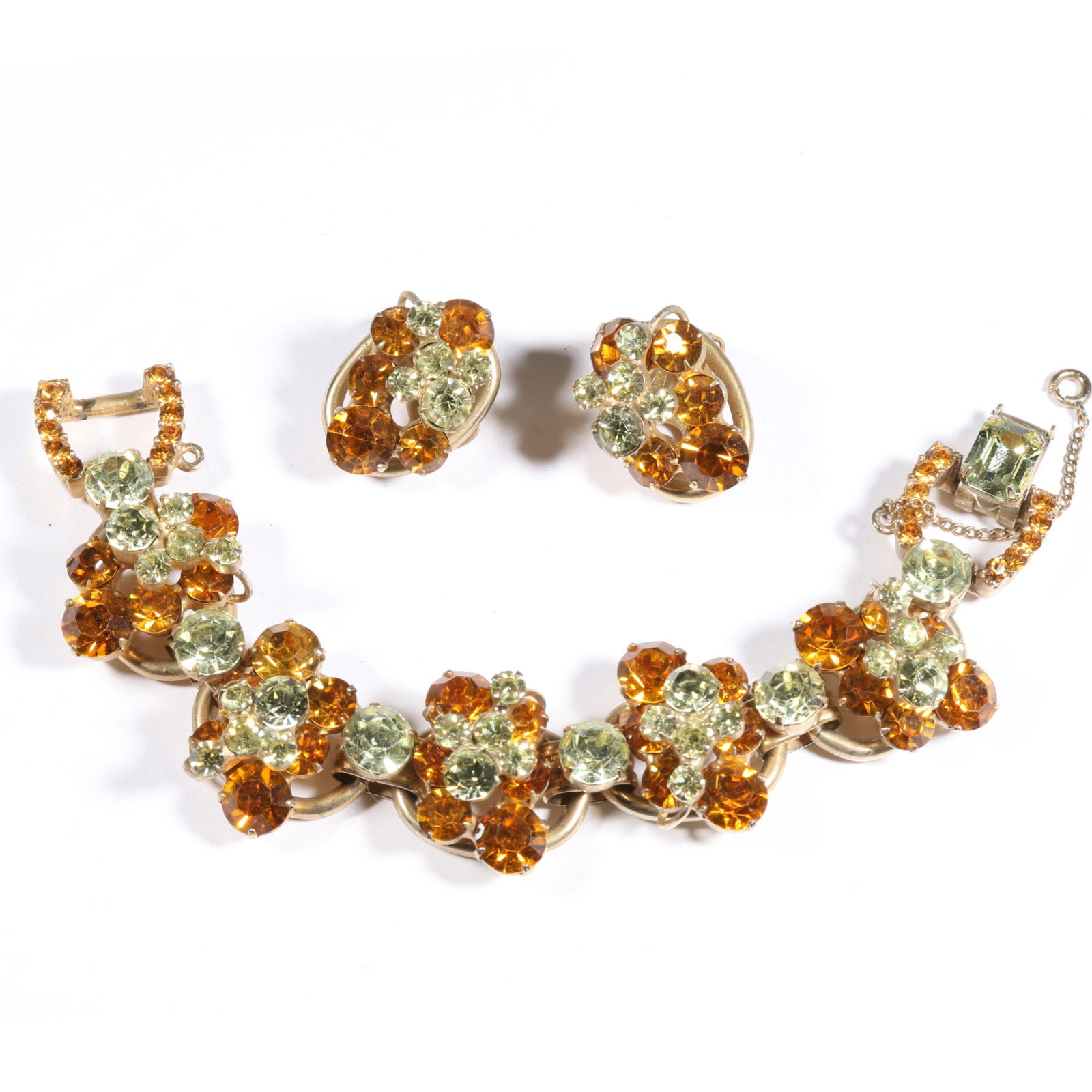D & E Juliana orange and yellow rhinestone crystal bracelet with matching earrings. 7"L x 1"W: D & E Juliana orange and yellow rhinestone crystal bracelet with matching earrings. 7"L x 1"W (bracelet)