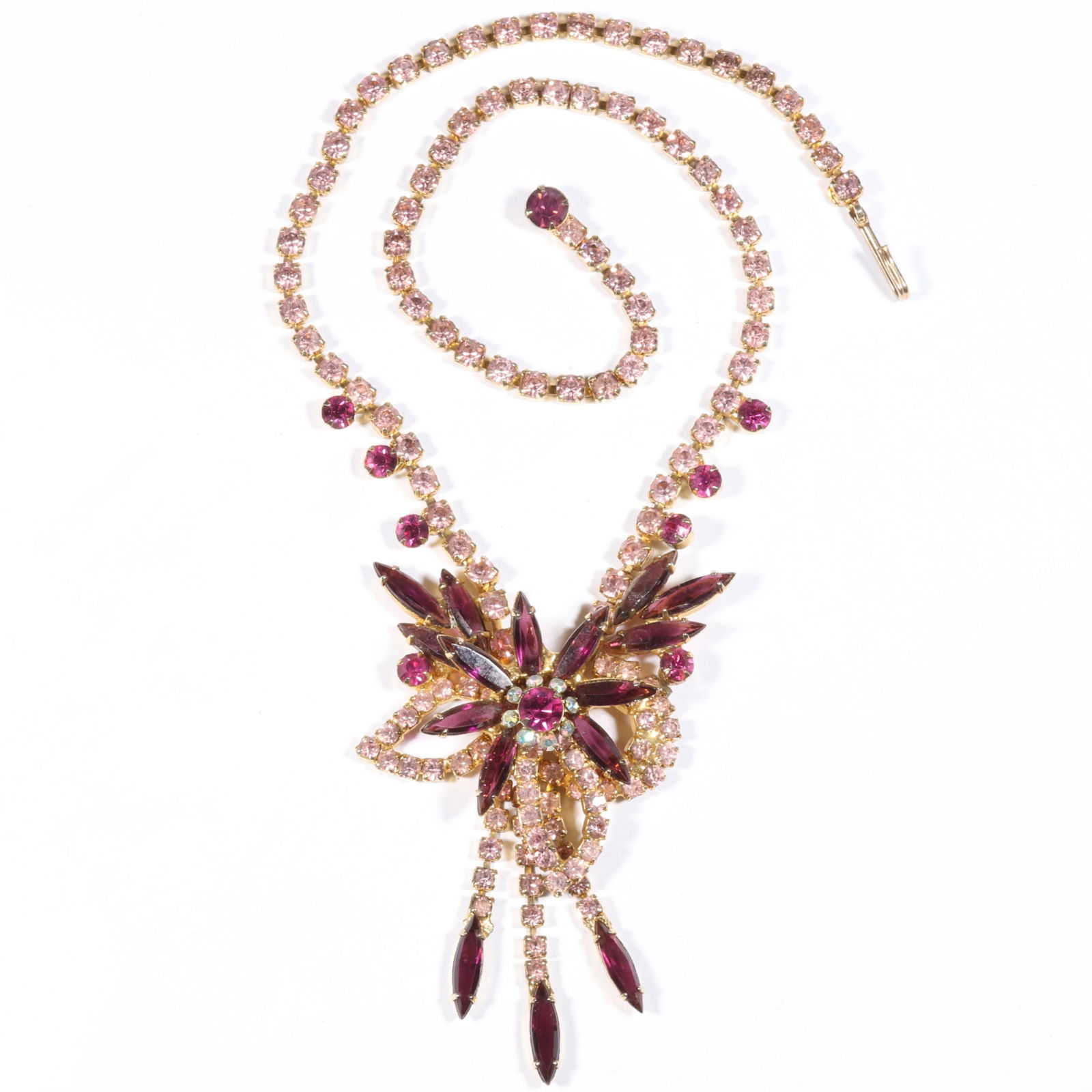 D & E Juliana pink and mauve rhinestone crystal drop necklace. 15 3/4"L x 2 3/4"Drop (1 of 10)