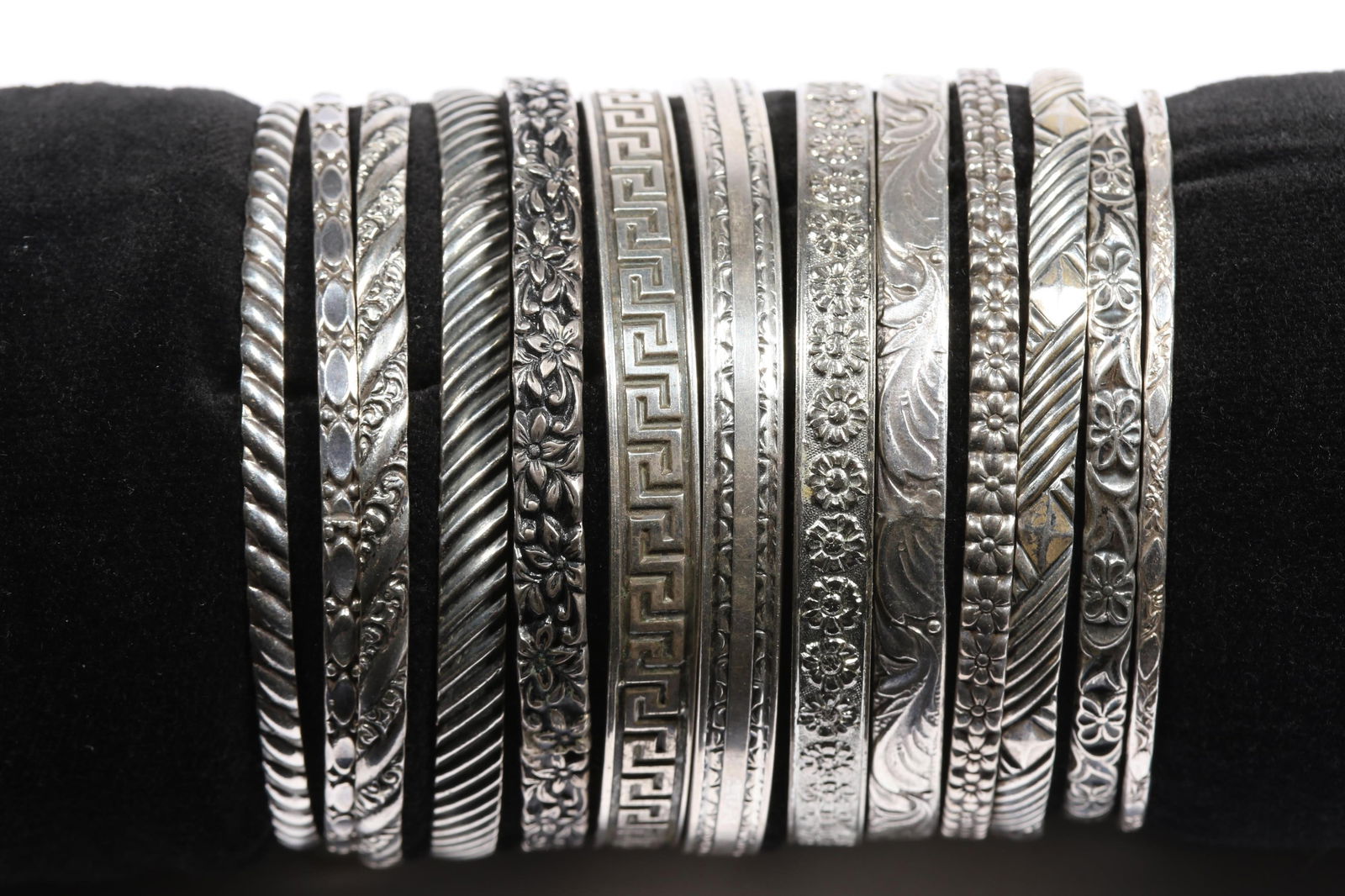 Vintage sterling silver engraved 13pc bangle bracelet stack including Danecraft, JewelArt, Barbados,: Vintage sterling silver engraved 13pc bangle bracelet stack including Danecraft, JewelArt, Barbados, and Beau Sterling One unmarked bracelet 134.8 grams total From the life time collection of Donna So