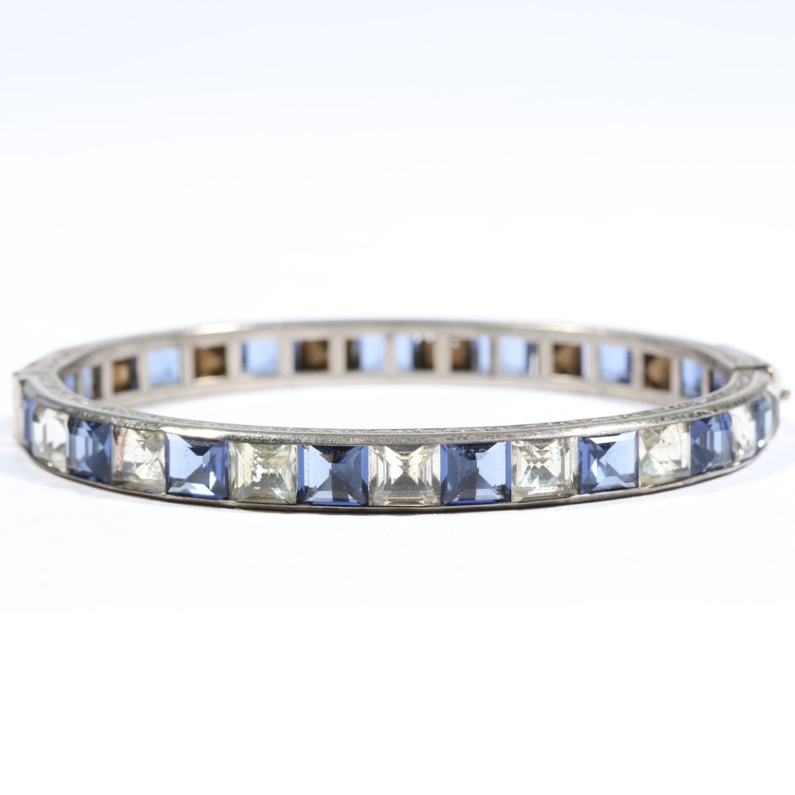 Art Deco sterling silver channel set crystal bracelet with foiled and unfoiled stones 1/4"H x 2 (1 of 8)