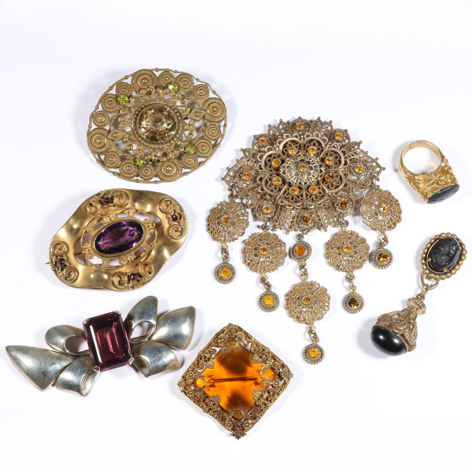 Antique and Vintage jewelry group including fantastic purple stone sash pin, jeweled Etruscan (1 of 20)