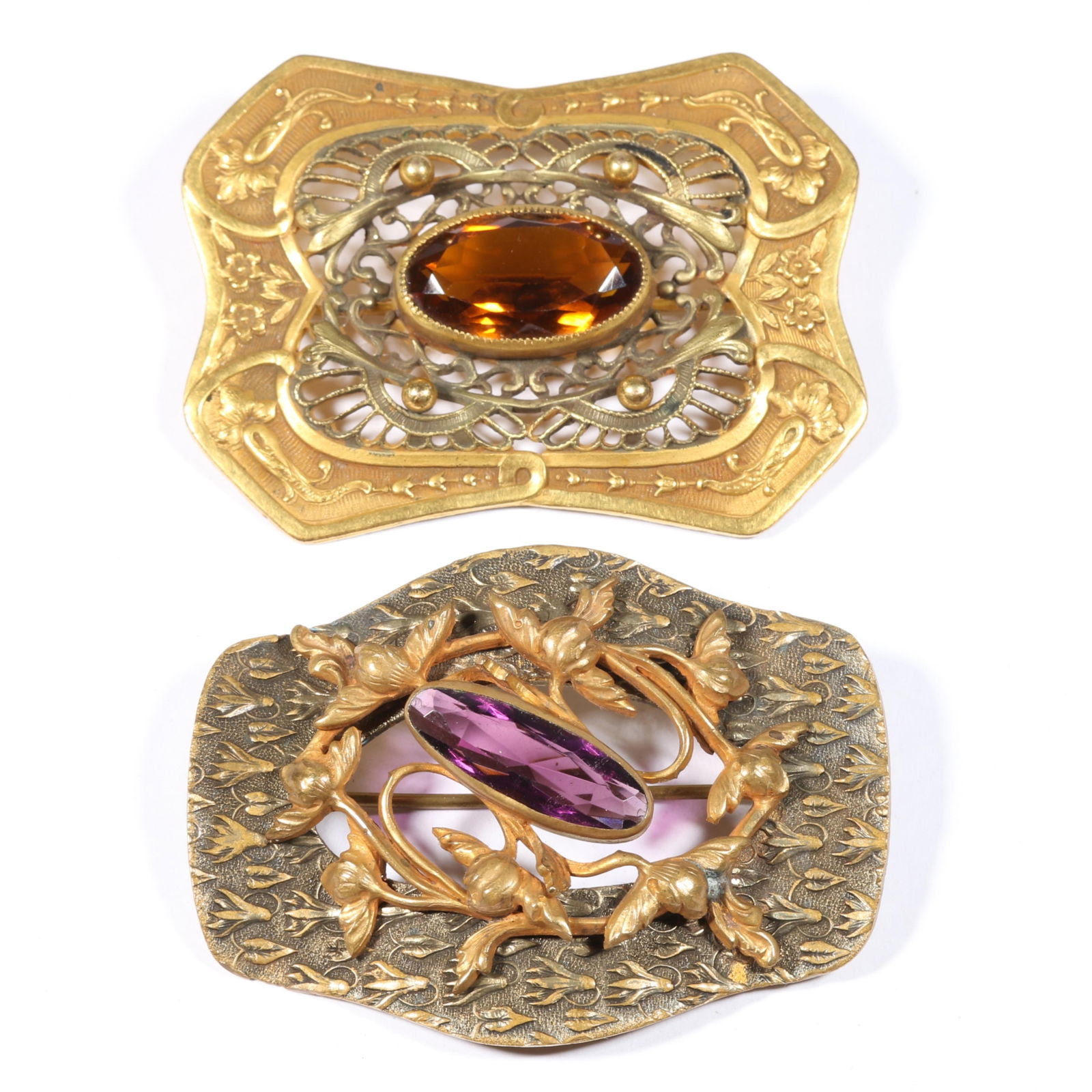 Pair of Antique Art Nouveau jeweled floral sash pins. 2 5/8"L x 2"W (purple jeweled brooch): Pair of Antique Art Nouveau jeweled floral sash pins. 2 5/8"L x 2"W (purple jeweled brooch)