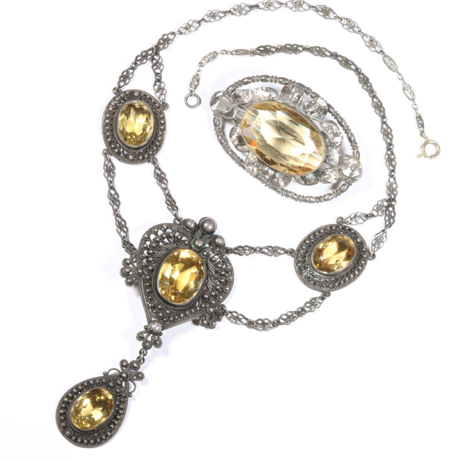 Antique Victorian or Edwardian elaborate filigree citrine jeweled drop necklace citrine clover: Antique Victorian or Edwardian elaborate filigree citrine jeweled drop necklace citrine clover brooch. Some scuffing to stones, light wear to metal. Provenance: From the collection of Sue Rudman, owne