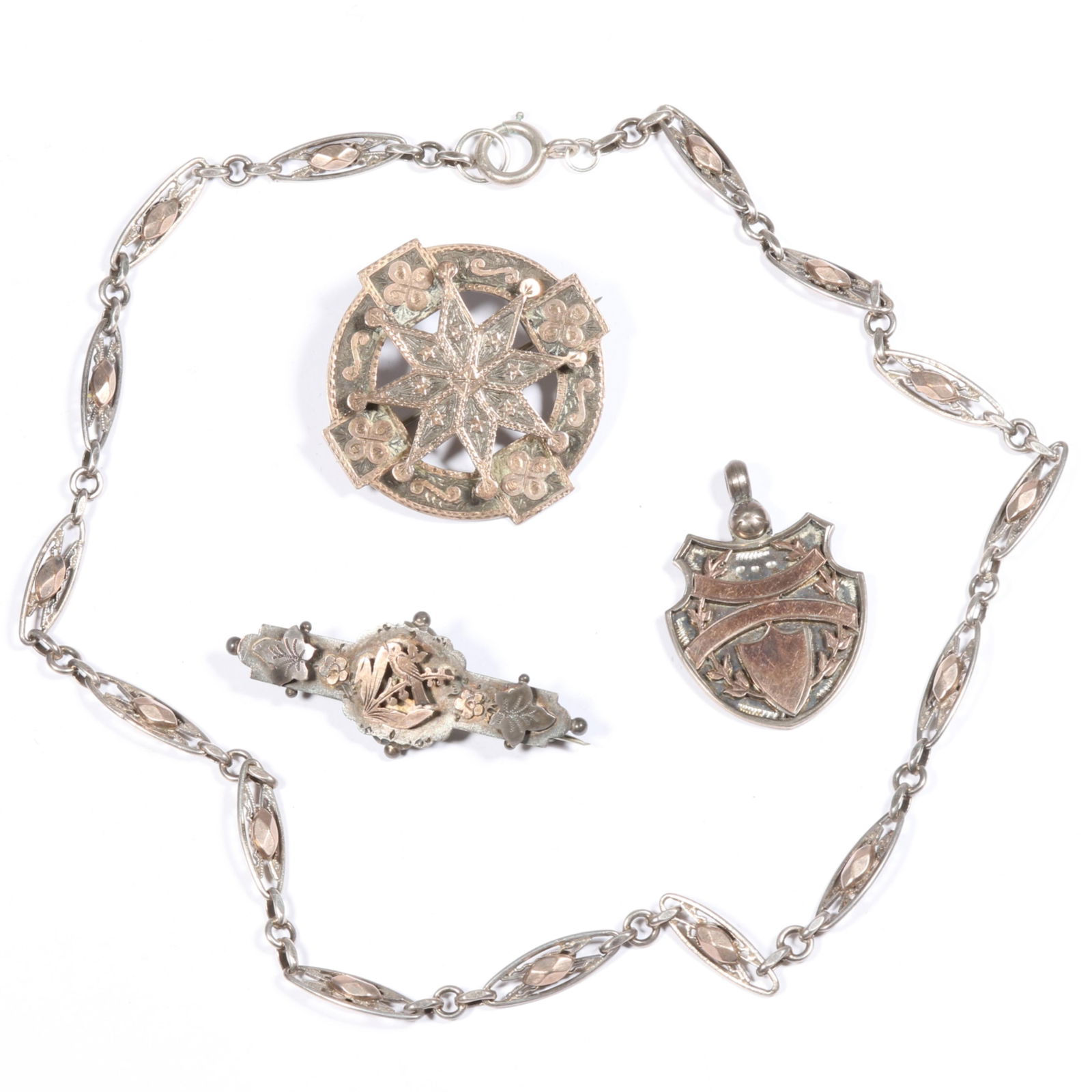 Antique Victorian sterling and rose gold fronts group with medal, sterling bird bar brooch, unmarked (1 of 13)