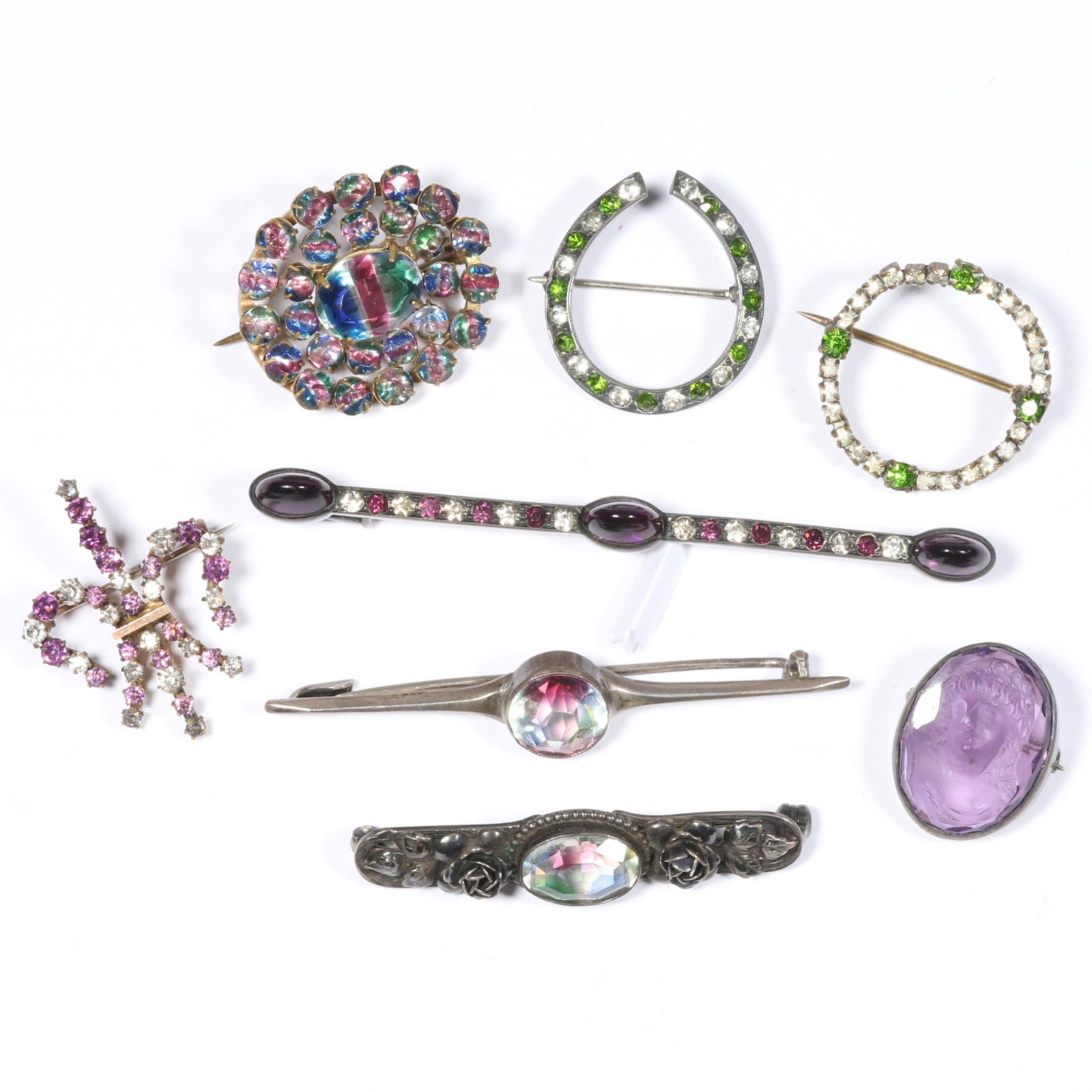 Group of small Victoria brooches, mostly paste, some sterling. 3"Long (purple cabochon bar pin) (1 of 12)