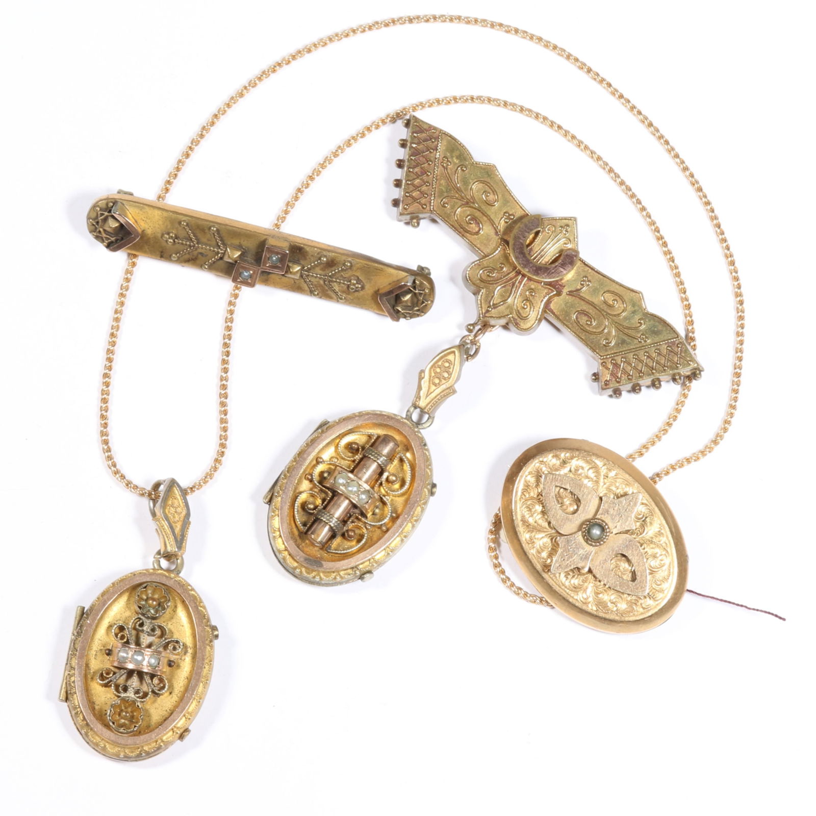 Antique Victorian 4pc jewelry group including seed pearl locket necklace and drop brooch with bar: Antique Victorian 4pc jewelry group including seed pearl locket necklace and drop brooch with bar brooch and brooch fob. Some wear to gold fill, Gold filled chain added to locket. Provenance: From the
