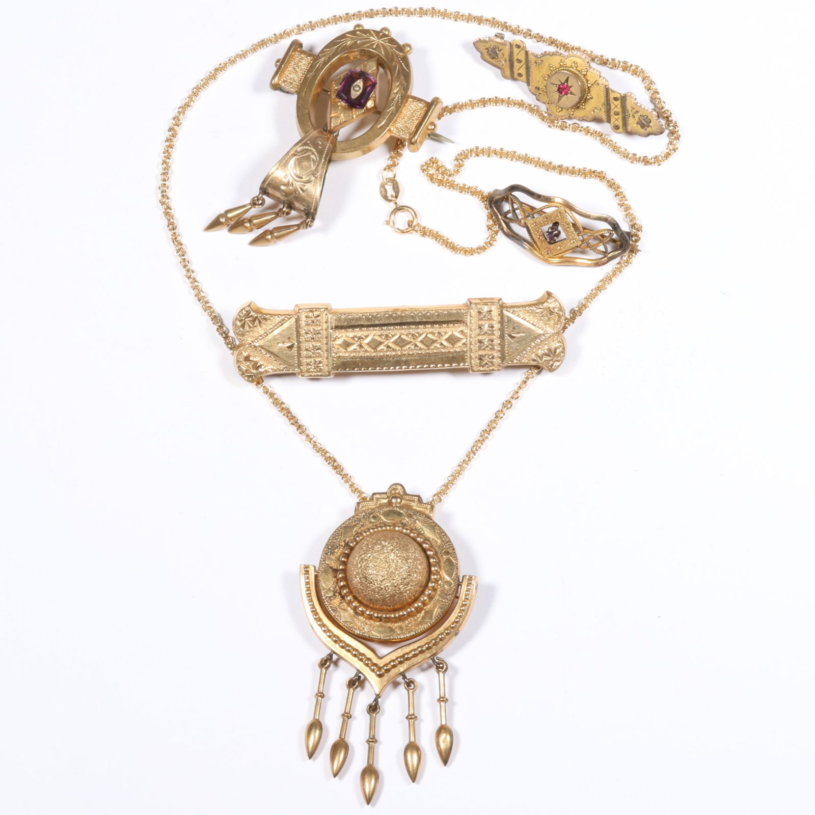 Victorian Etruscan Revival jewelry group including brooch pendant necklace, drop brooch, and bar (1 of 11)